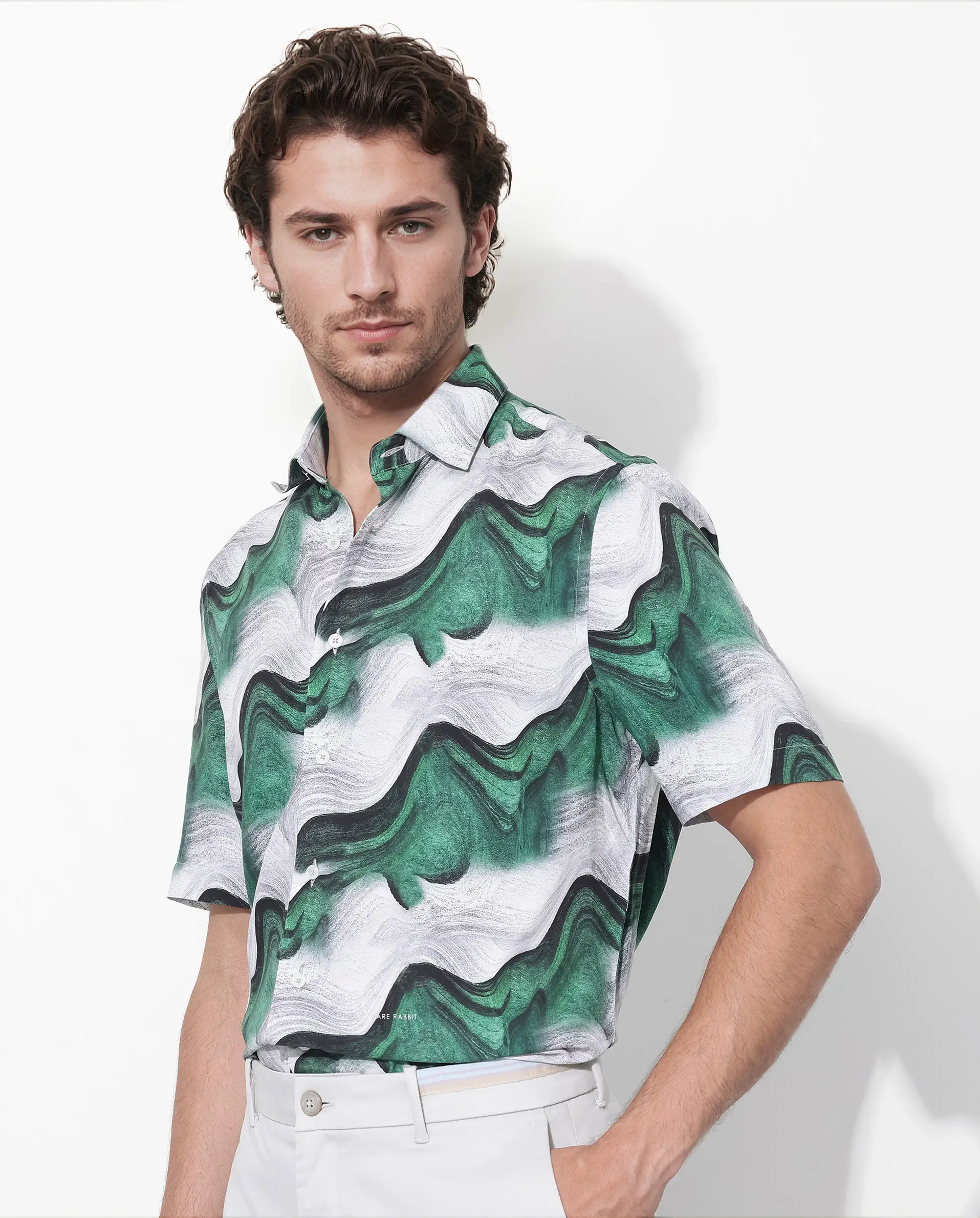 Rare Rabbit Men's Tijon Dark Green Viscose Abstract Print Regular Fit Half Sleeve Collared Shirt - Image 5