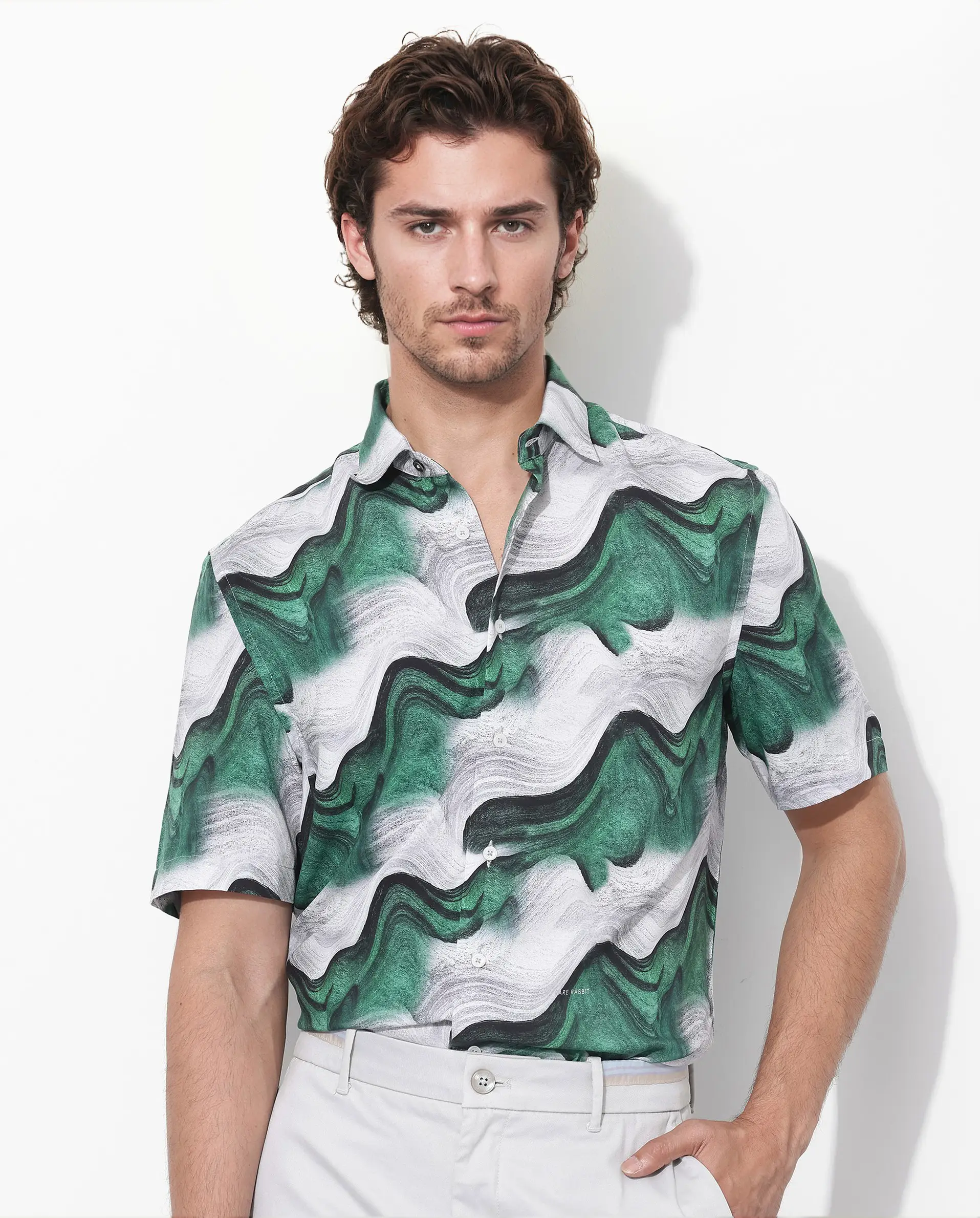 Rare Rabbit Men's Tijon Dark Green Viscose Abstract Print Regular Fit Half Sleeve Collared Shirt - Image 7