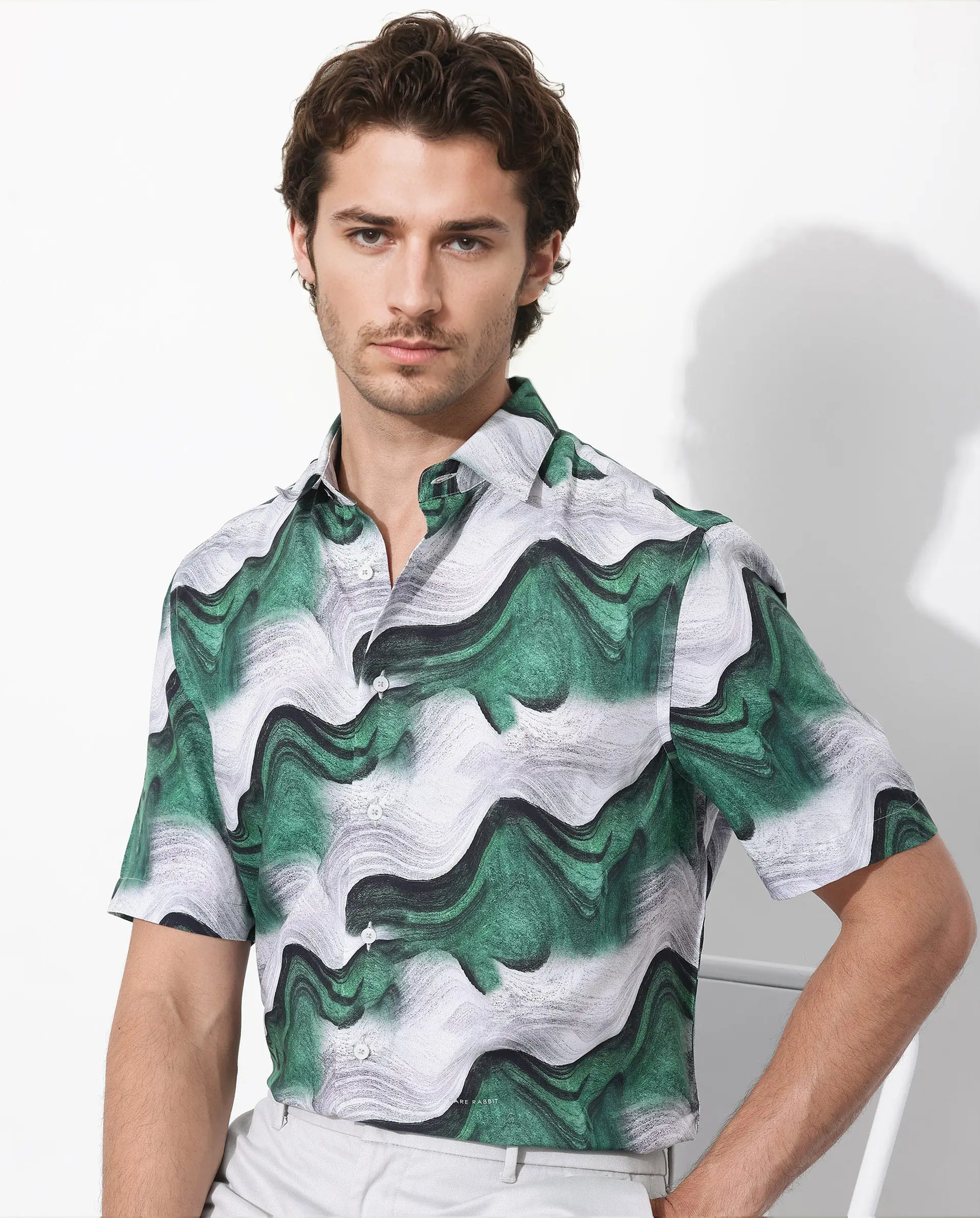 Rare Rabbit Men's Tijon Dark Green Viscose Abstract Print Regular Fit Half Sleeve Collared Shirt - Image 8