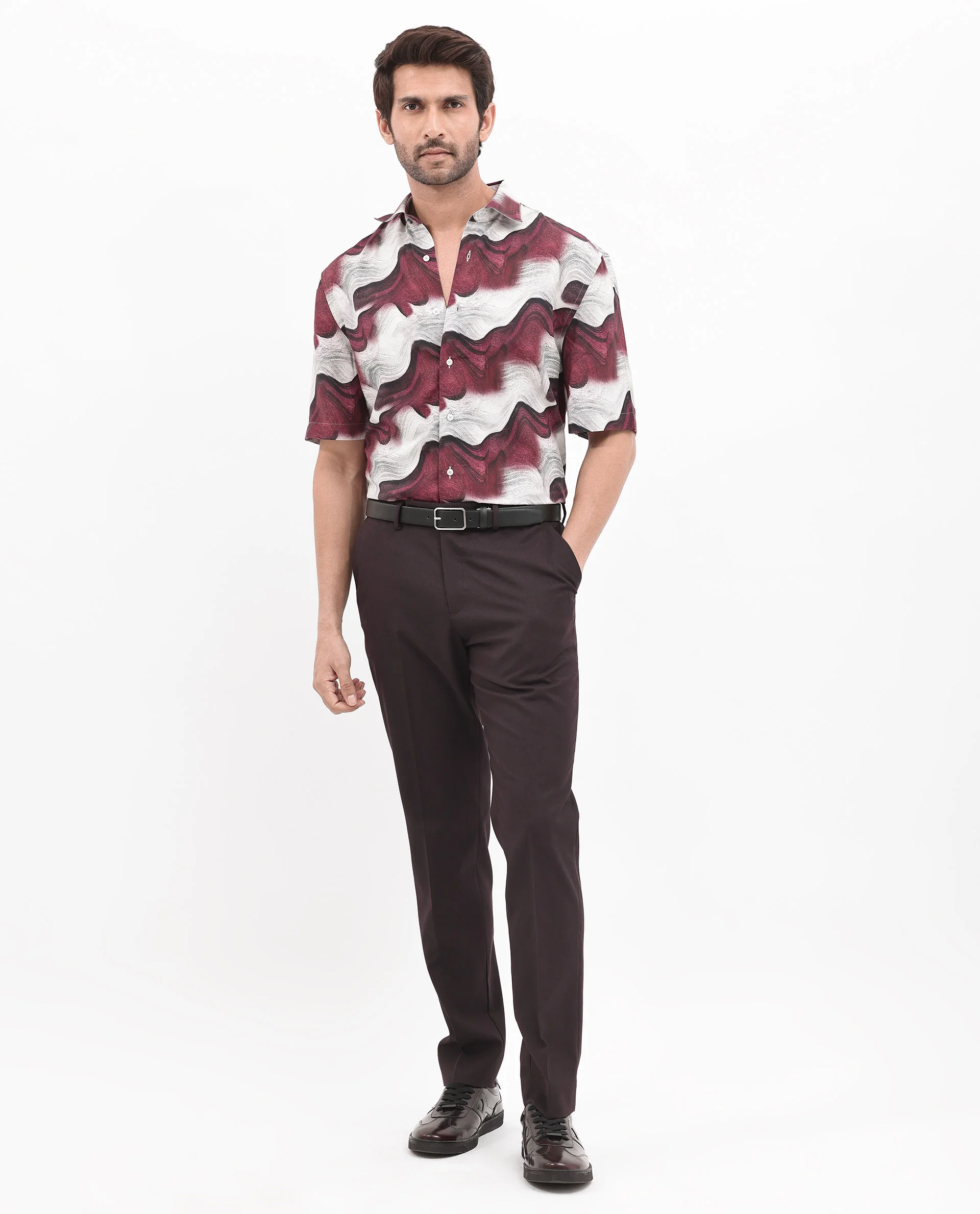 Rare Rabbit Men's Tijon Dark Red Viscose Abstract Print Regular Fit Half Sleeve Collared Shirt - Image 10