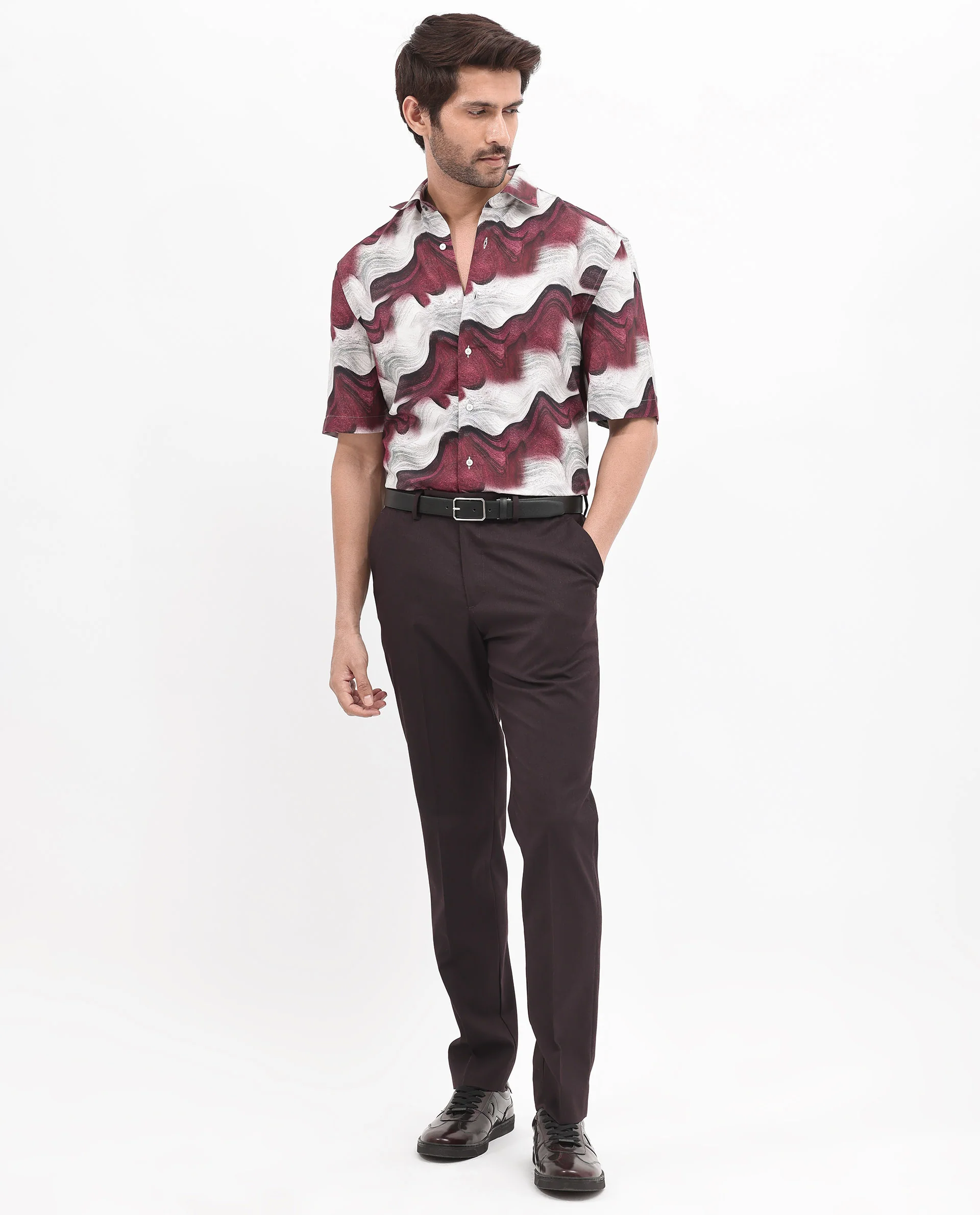 Rare Rabbit Men's Tijon Dark Red Viscose Abstract Print Regular Fit Half Sleeve Collared Shirt - Image 2