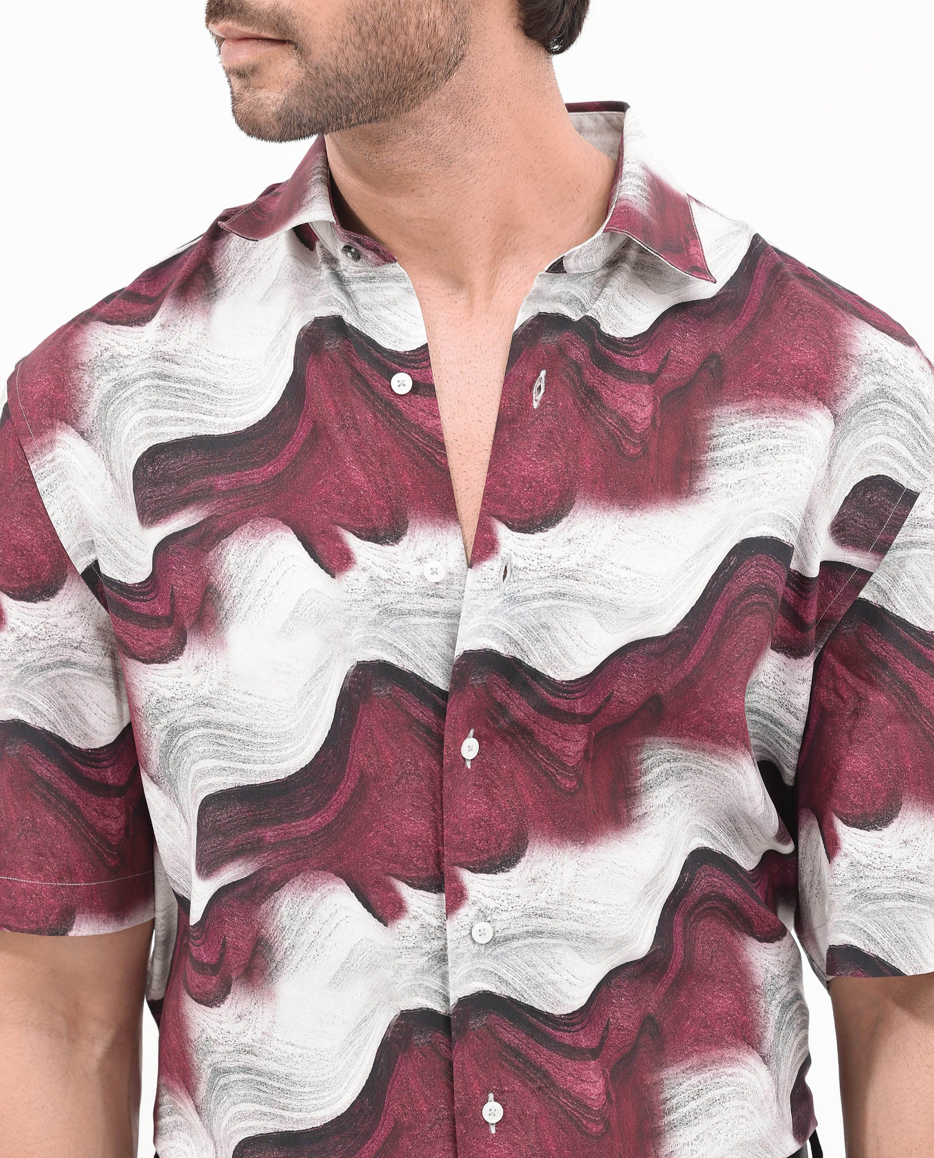 Rare Rabbit Men's Tijon Dark Red Viscose Abstract Print Regular Fit Half Sleeve Collared Shirt - Image 3