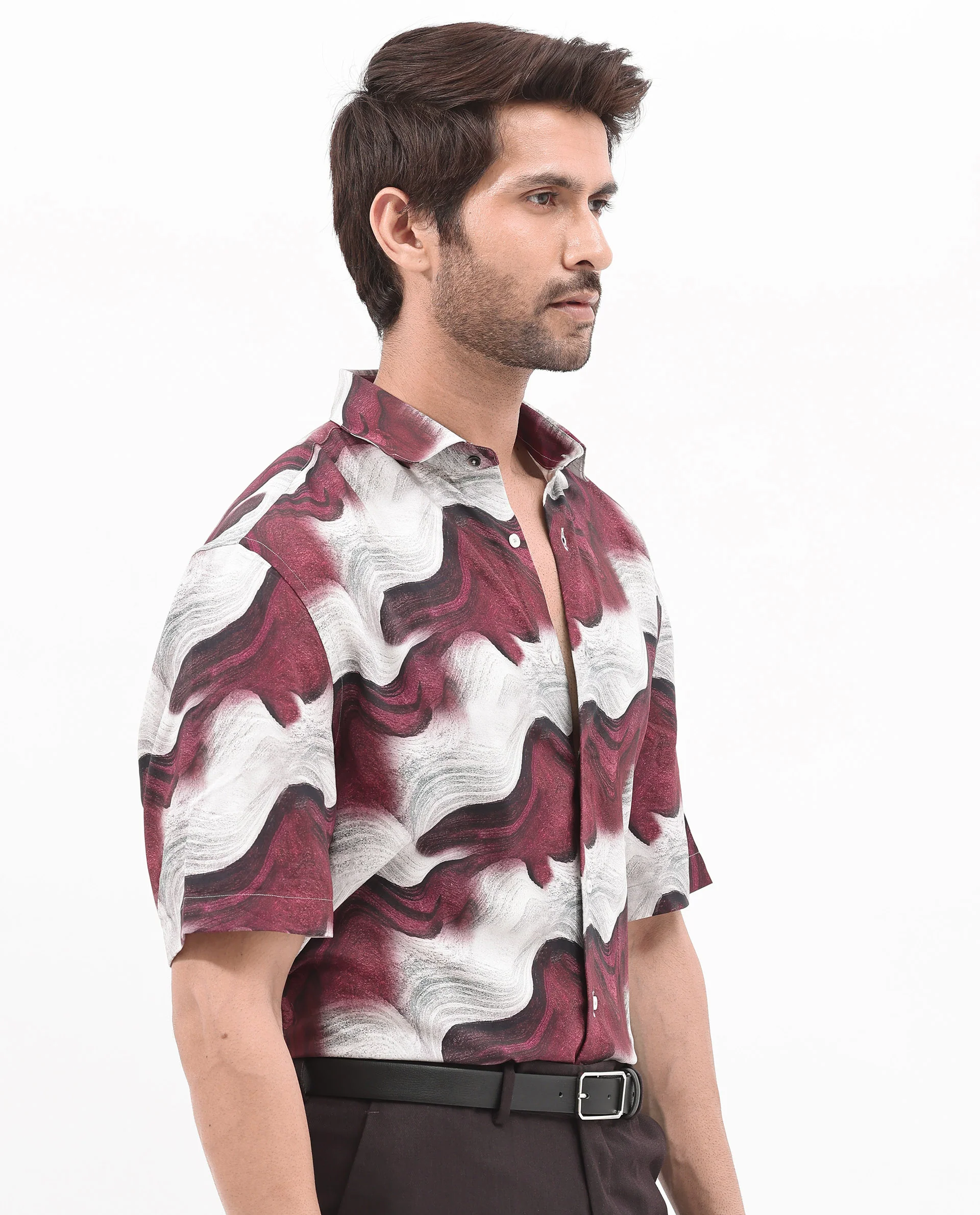 Rare Rabbit Men's Tijon Dark Red Viscose Abstract Print Regular Fit Half Sleeve Collared Shirt - Image 6