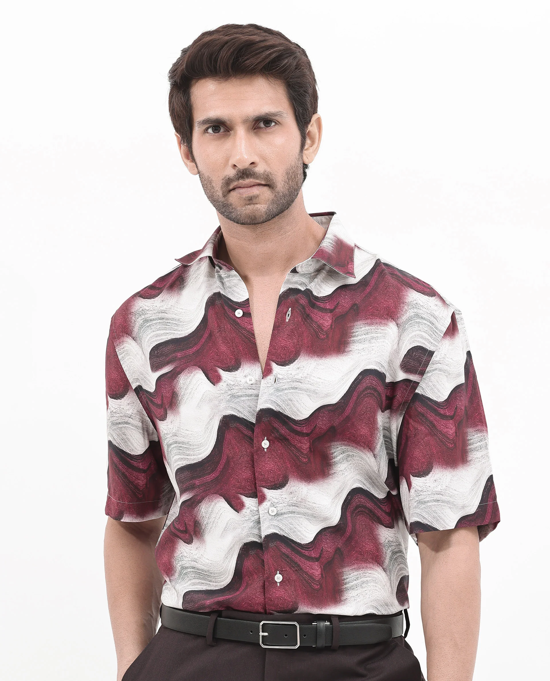 Rare Rabbit Men's Tijon Dark Red Viscose Abstract Print Regular Fit Half Sleeve Collared Shirt - Image 7