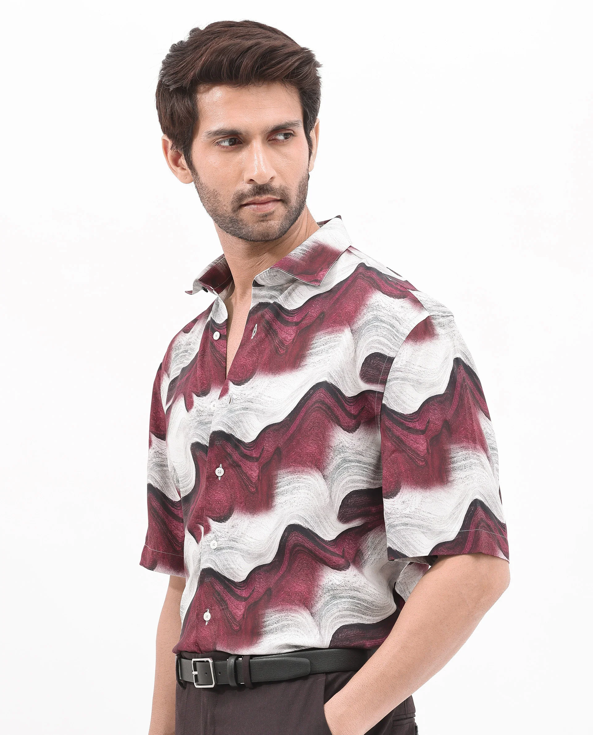 Rare Rabbit Men's Tijon Dark Red Viscose Abstract Print Regular Fit Half Sleeve Collared Shirt - Image 9