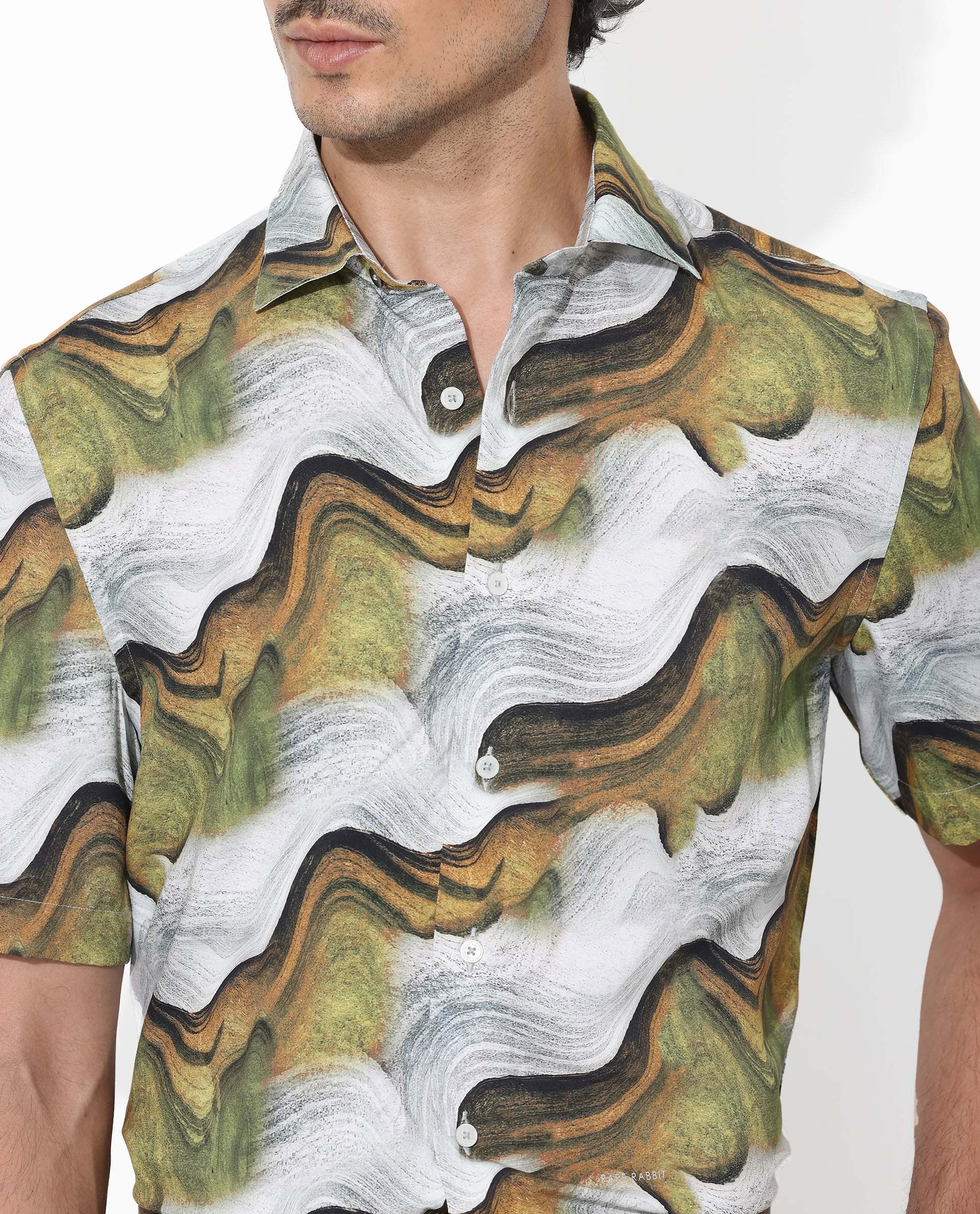 Rare Rabbit Men's Tijon Olive Viscose Abstract Print Regular Fit Half Sleeve Collared Shirt - Image 3