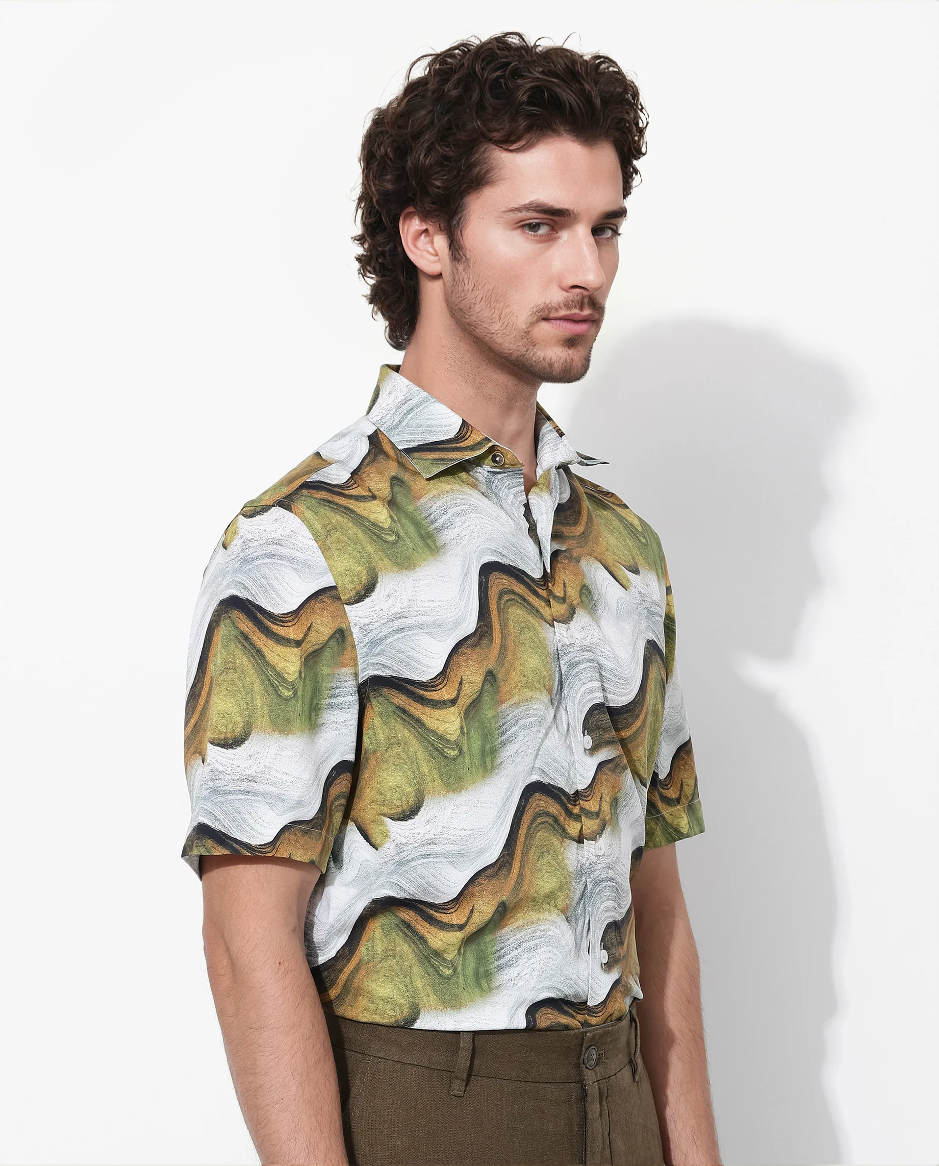 Rare Rabbit Men's Tijon Olive Viscose Abstract Print Regular Fit Half Sleeve Collared Shirt - Image 4