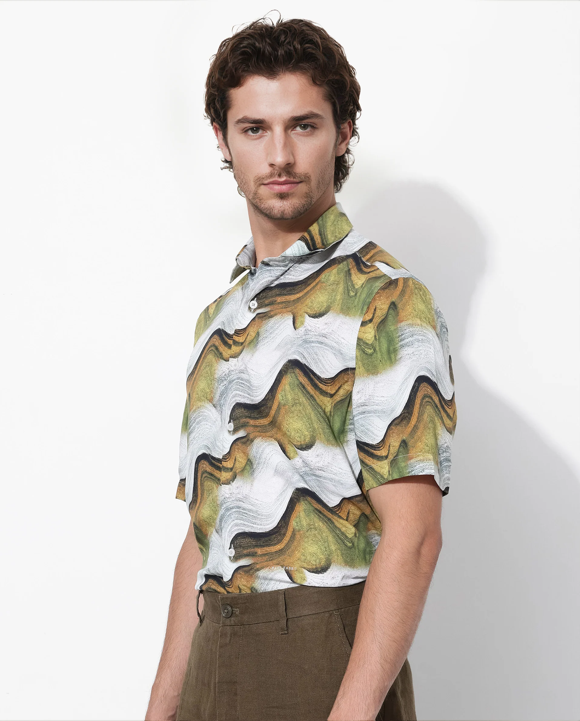 Rare Rabbit Men's Tijon Olive Viscose Abstract Print Regular Fit Half Sleeve Collared Shirt - Image 5