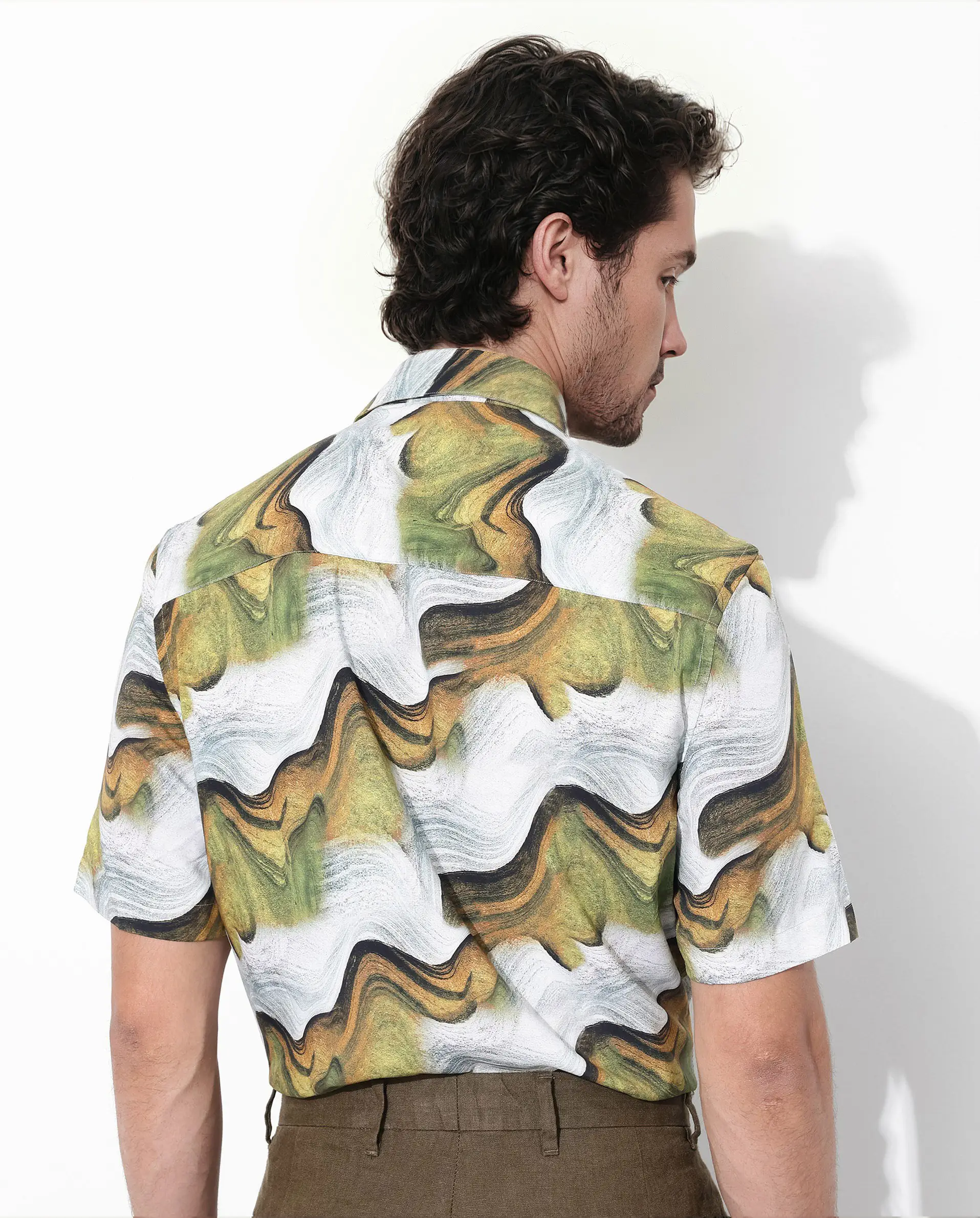 Rare Rabbit Men's Tijon Olive Viscose Abstract Print Regular Fit Half Sleeve Collared Shirt - Image 6