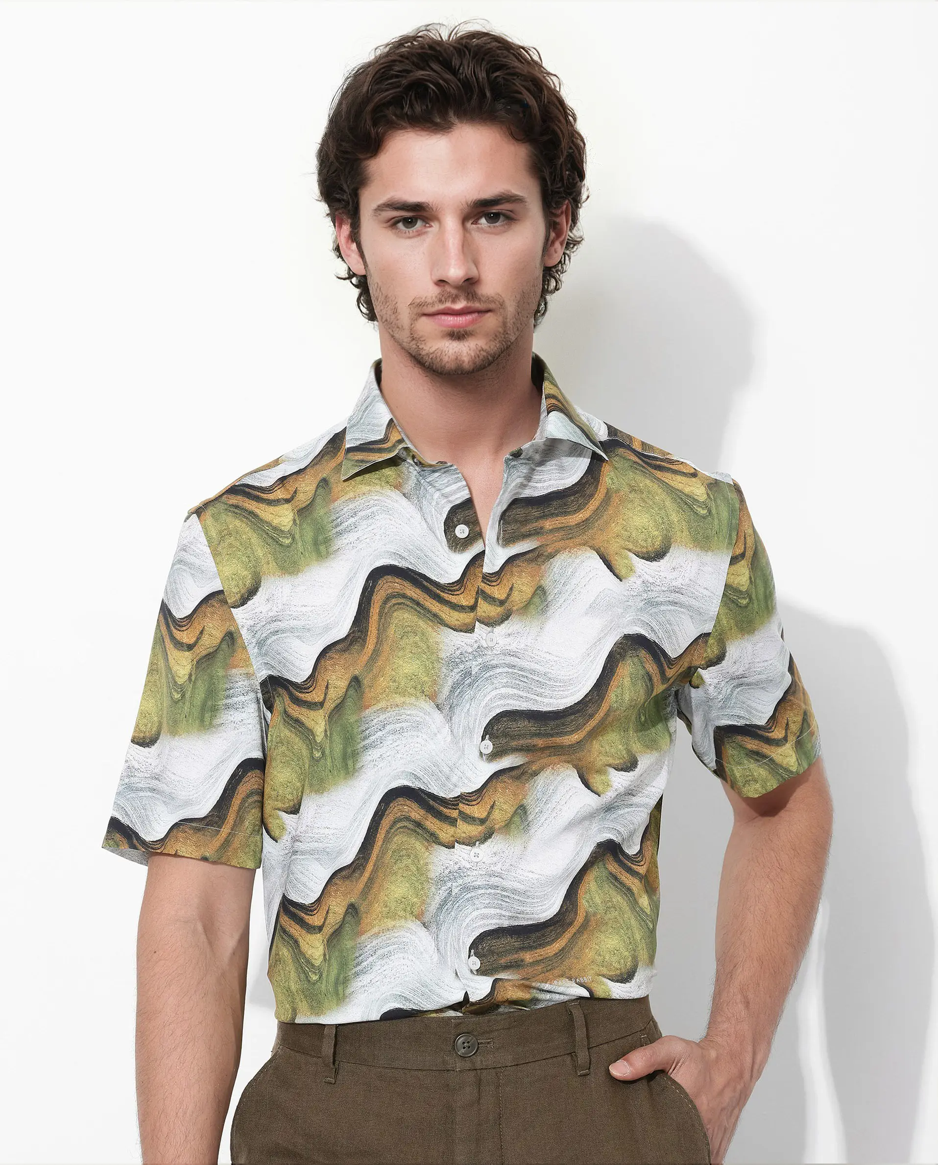 Rare Rabbit Men's Tijon Olive Viscose Abstract Print Regular Fit Half Sleeve Collared Shirt - Image 7
