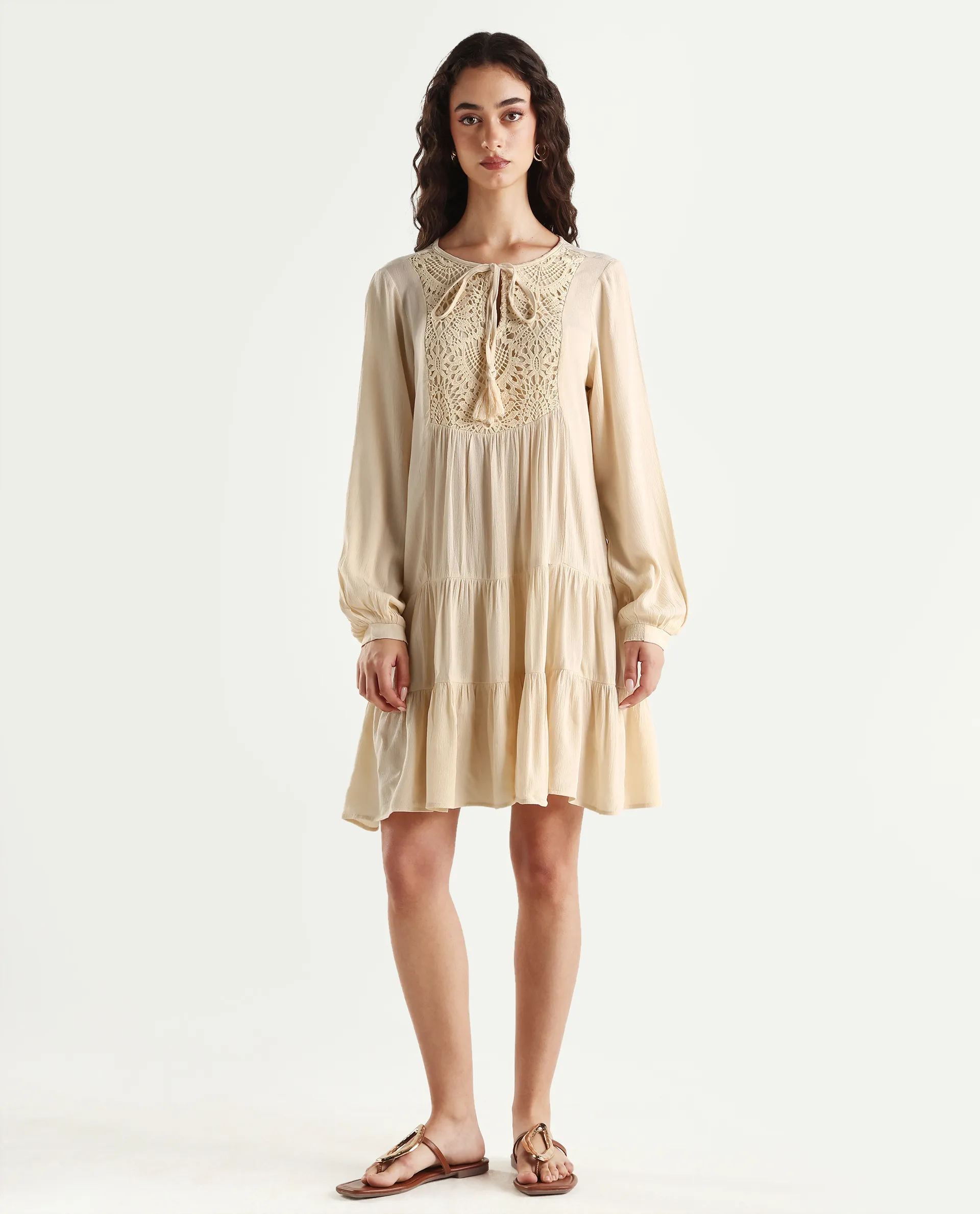 Rareism Women's Tijuana Dusky Off White Rayon Crew Neck Plain Bishop Sleeve Knee Length Relaxed Fit Dress - Image 2