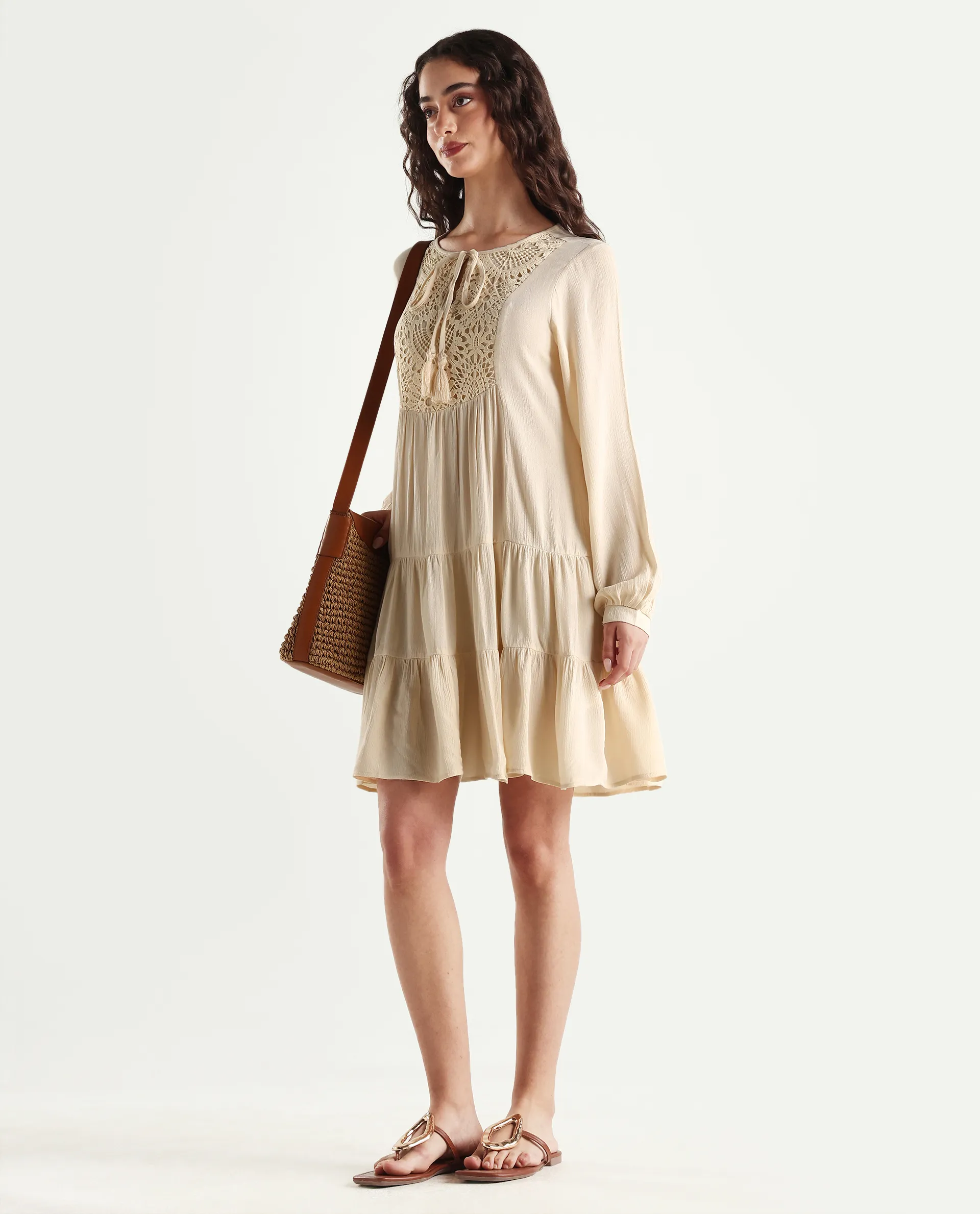 Rareism Women's Tijuana Dusky Off White Rayon Crew Neck Plain Bishop Sleeve Knee Length Relaxed Fit Dress - Image 4