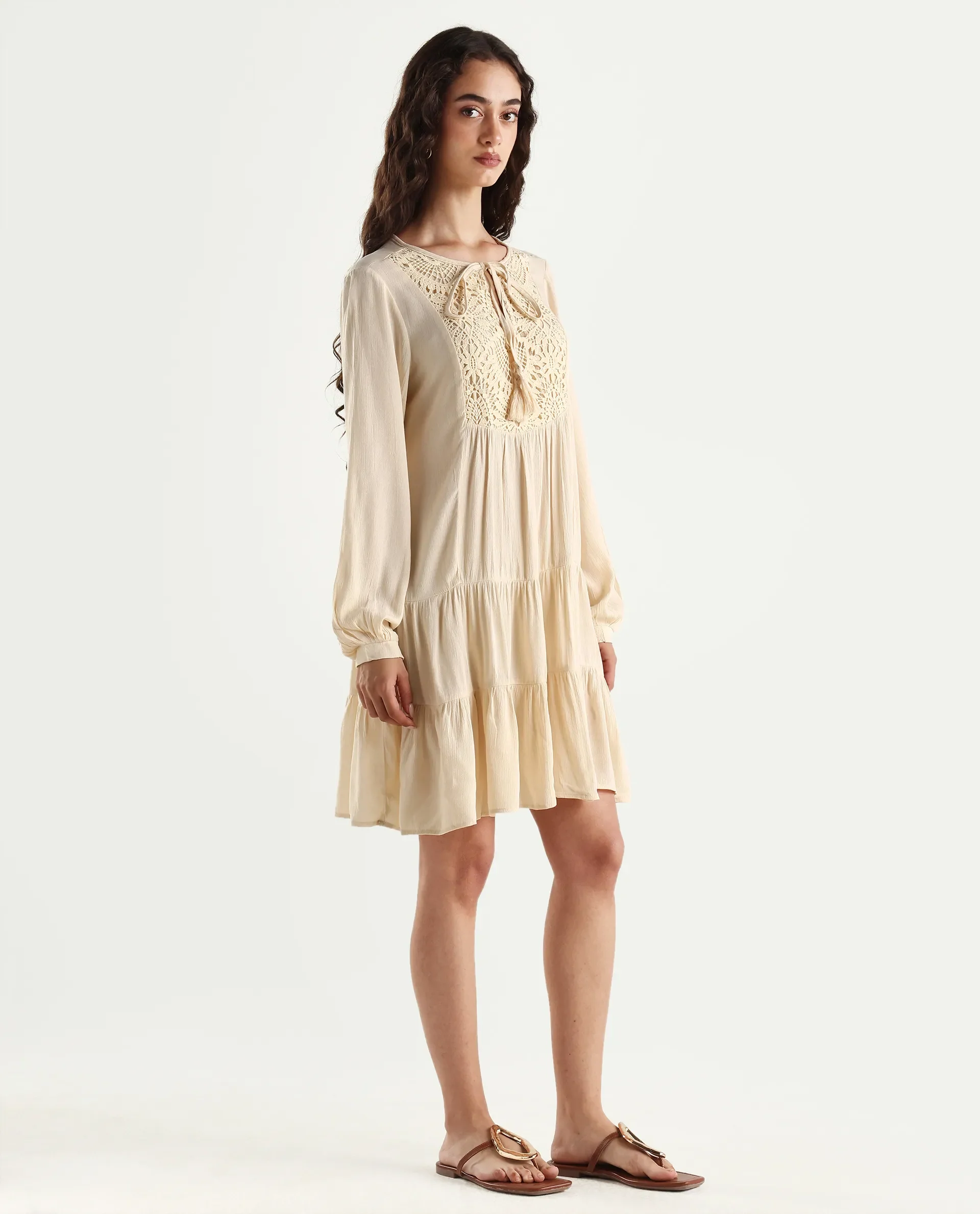 Rareism Women's Tijuana Dusky Off White Rayon Crew Neck Plain Bishop Sleeve Knee Length Relaxed Fit Dress - Image 5