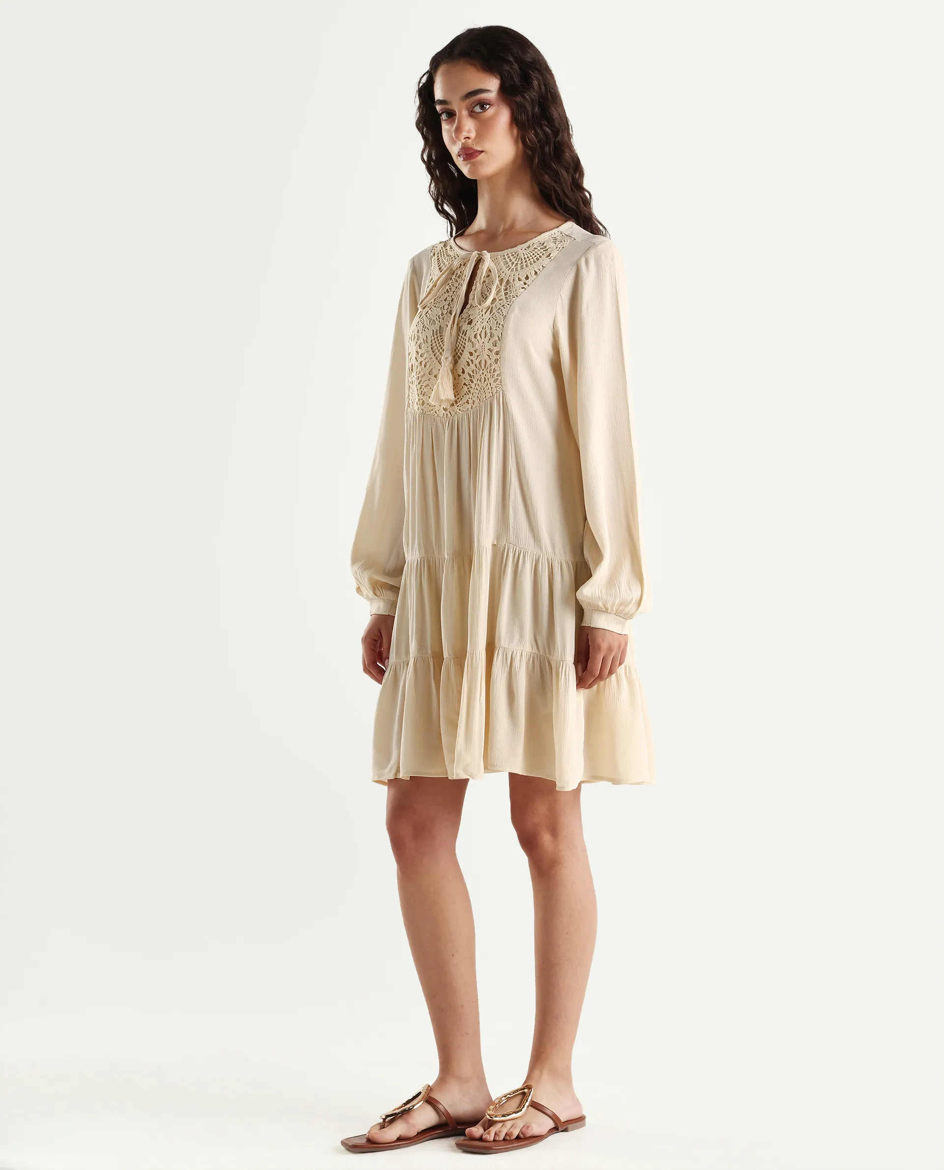 Rareism Women's Tijuana Dusky Off White Rayon Crew Neck Plain Bishop Sleeve Knee Length Relaxed Fit Dress - Image 6