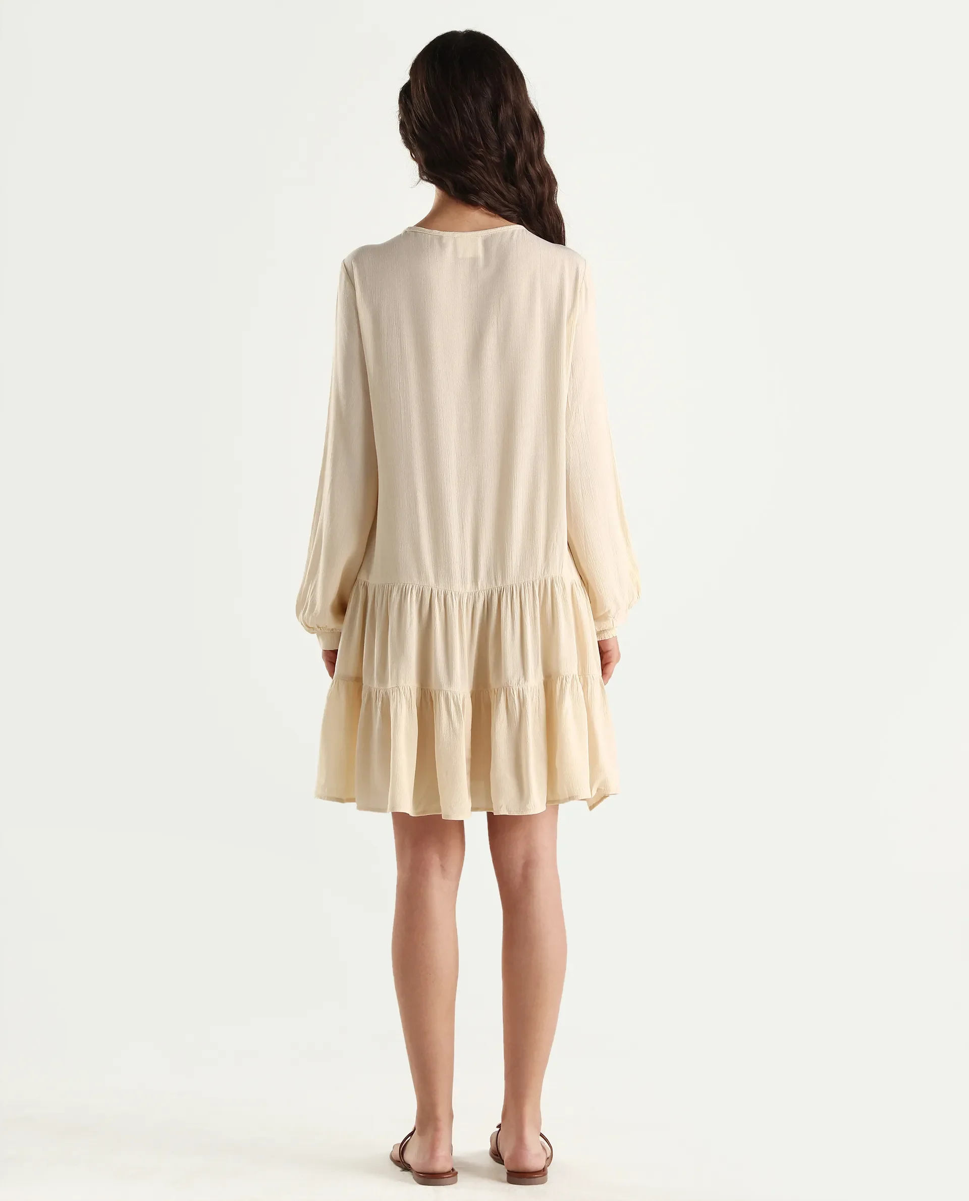 Rareism Women's Tijuana Dusky Off White Rayon Crew Neck Plain Bishop Sleeve Knee Length Relaxed Fit Dress - Image 7