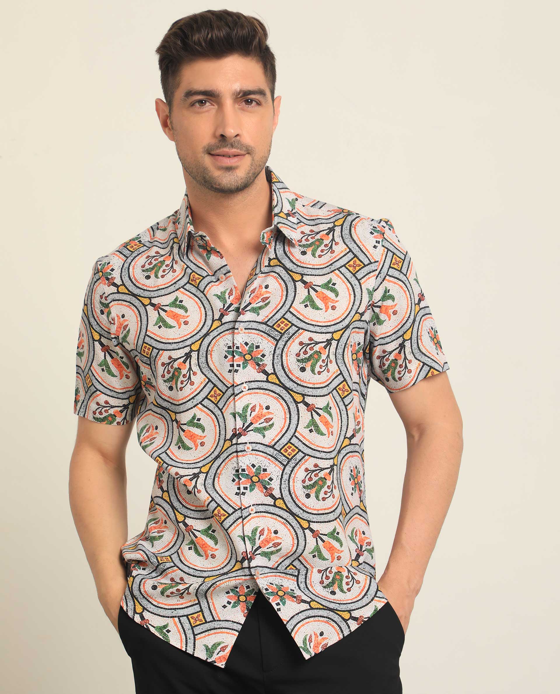 Rare Rabbit Men's Tiles Multi Viscose Floral Print Regular Fit Half Sleeve Collared Shirt