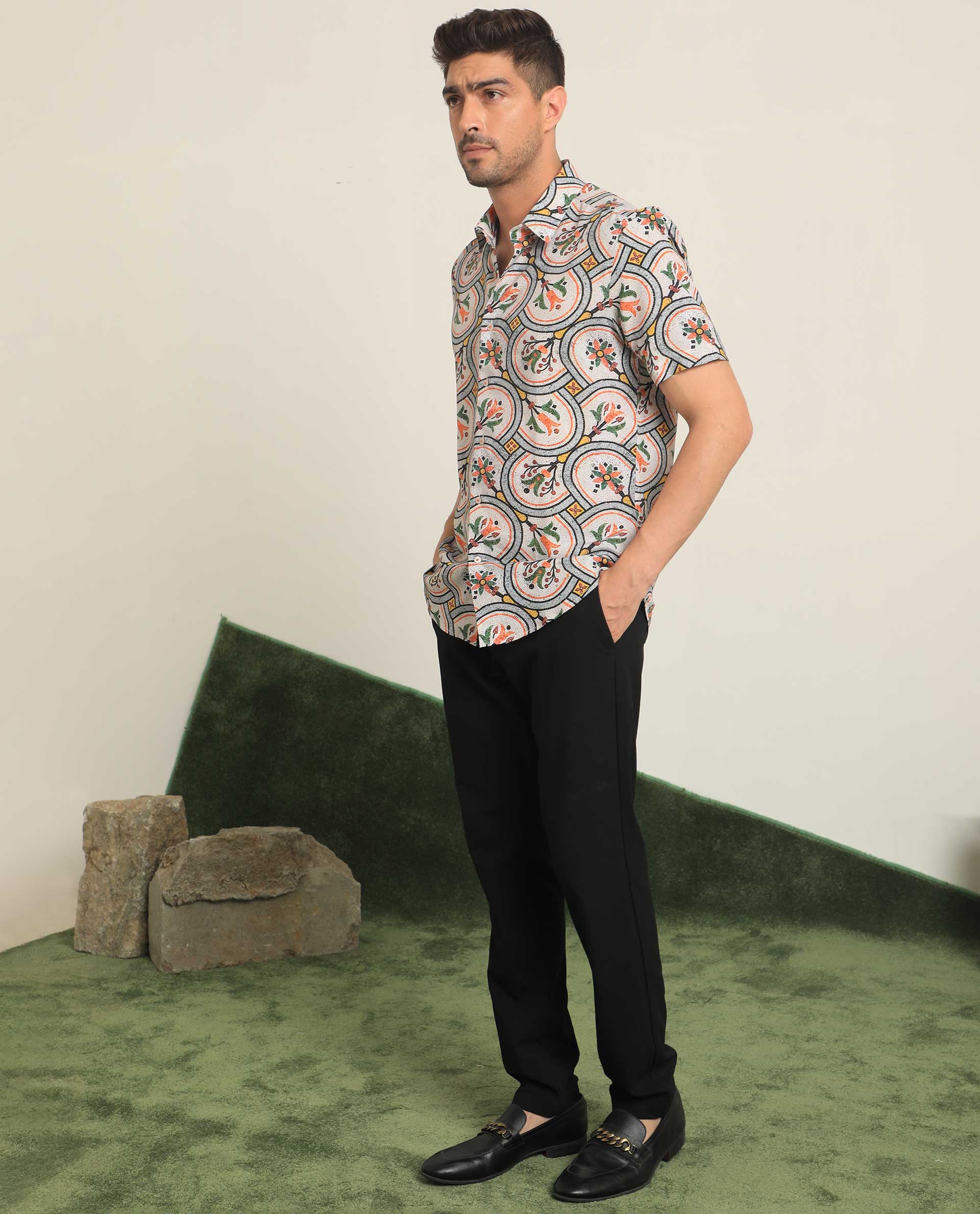 Rare Rabbit Men's Tiles Multi Viscose Floral Print Regular Fit Half Sleeve Collared Shirt - Image 2
