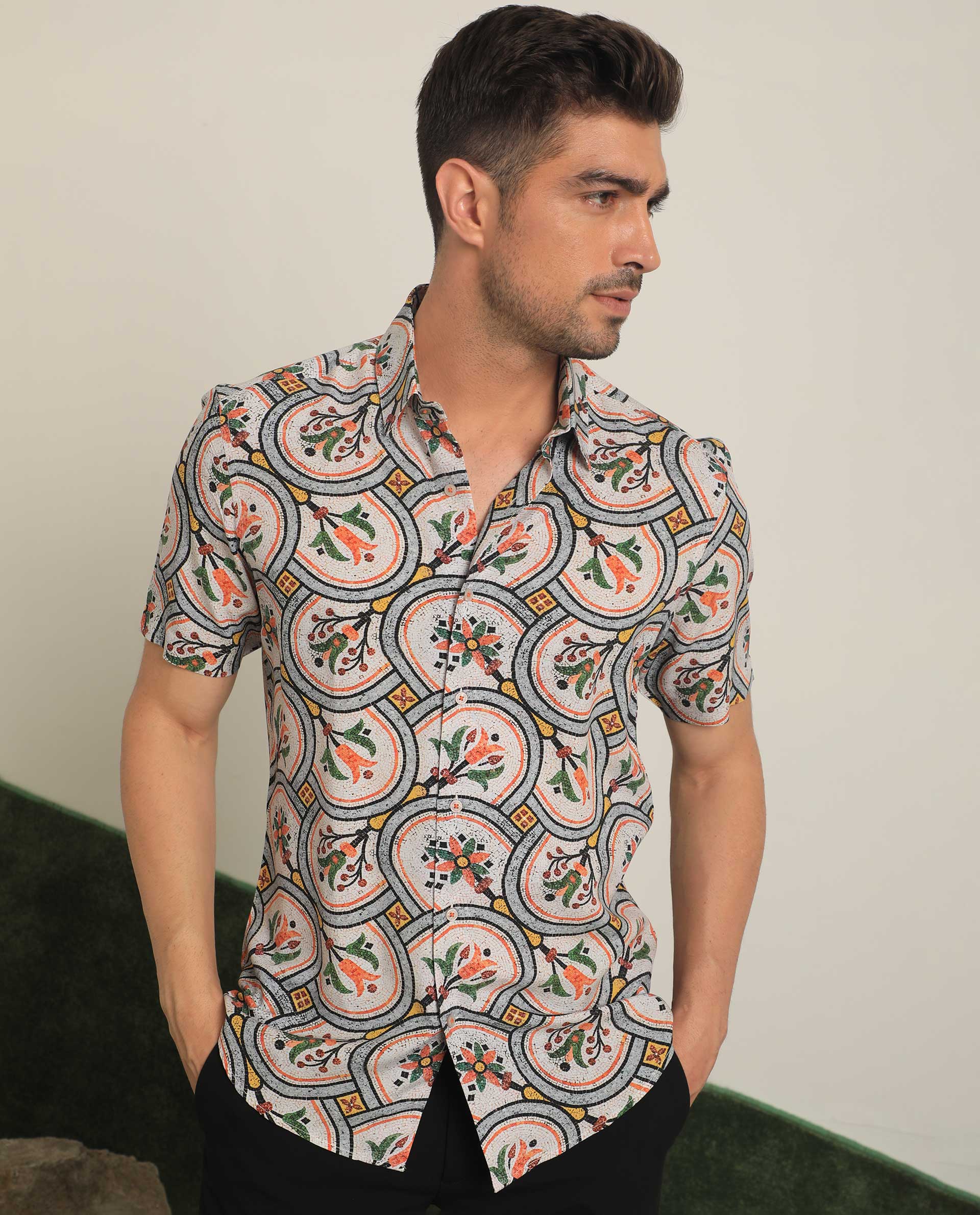 Rare Rabbit Men's Tiles Multi Viscose Floral Print Regular Fit Half Sleeve Collared Shirt - Image 4