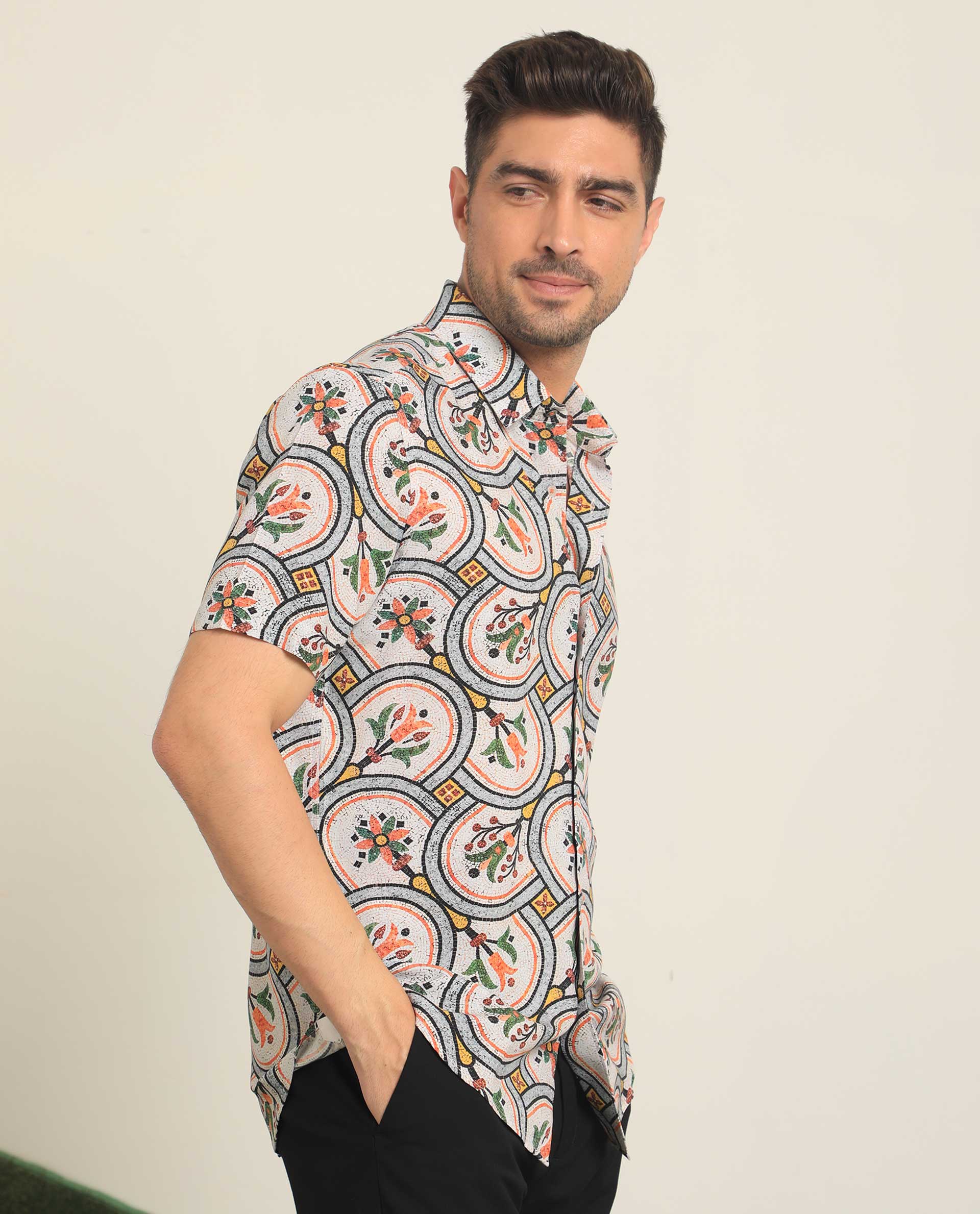 Rare Rabbit Men's Tiles Multi Viscose Floral Print Regular Fit Half Sleeve Collared Shirt - Image 5