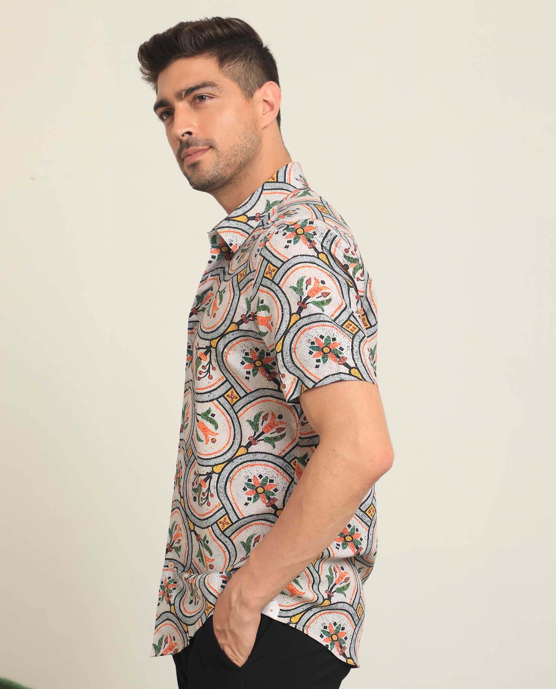 Rare Rabbit Men's Tiles Multi Viscose Floral Print Regular Fit Half Sleeve Collared Shirt - Image 6