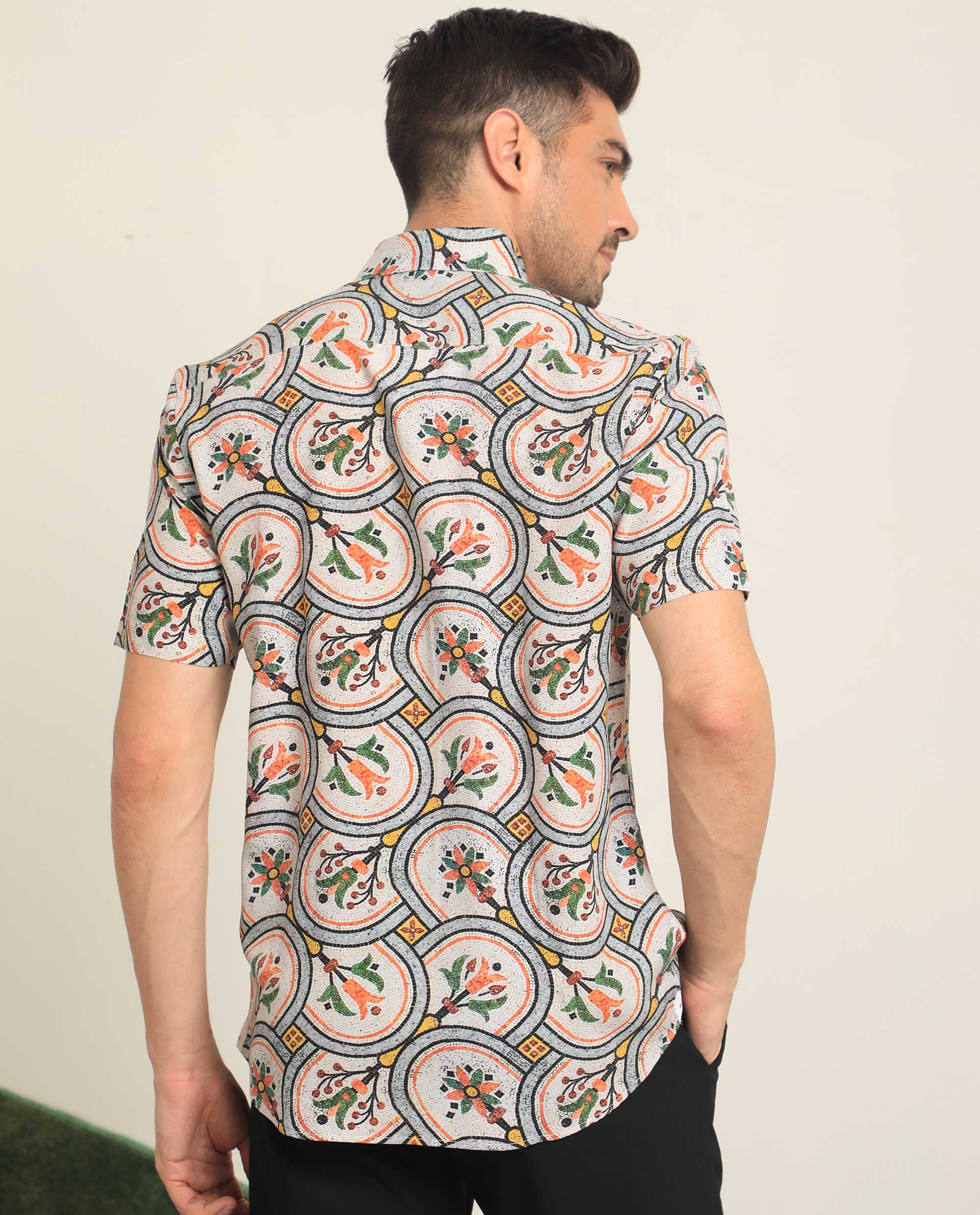 Rare Rabbit Men's Tiles Multi Viscose Floral Print Regular Fit Half Sleeve Collared Shirt - Image 7