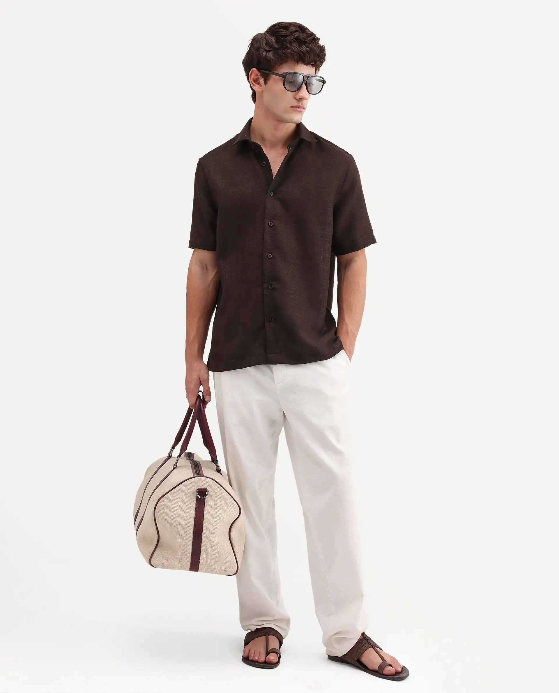 Rare Rabbit Men's Tilo Dark Brown Polyester Fabric Half Sleeve Spread Collar Regular Fit Textured Shirt - Image 2