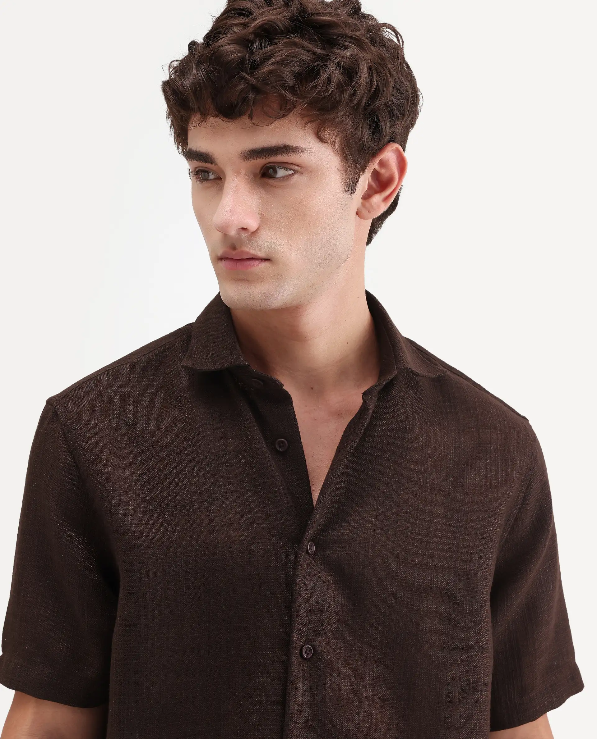 Rare Rabbit Men's Tilo Dark Brown Polyester Fabric Half Sleeve Spread Collar Regular Fit Textured Shirt - Image 3
