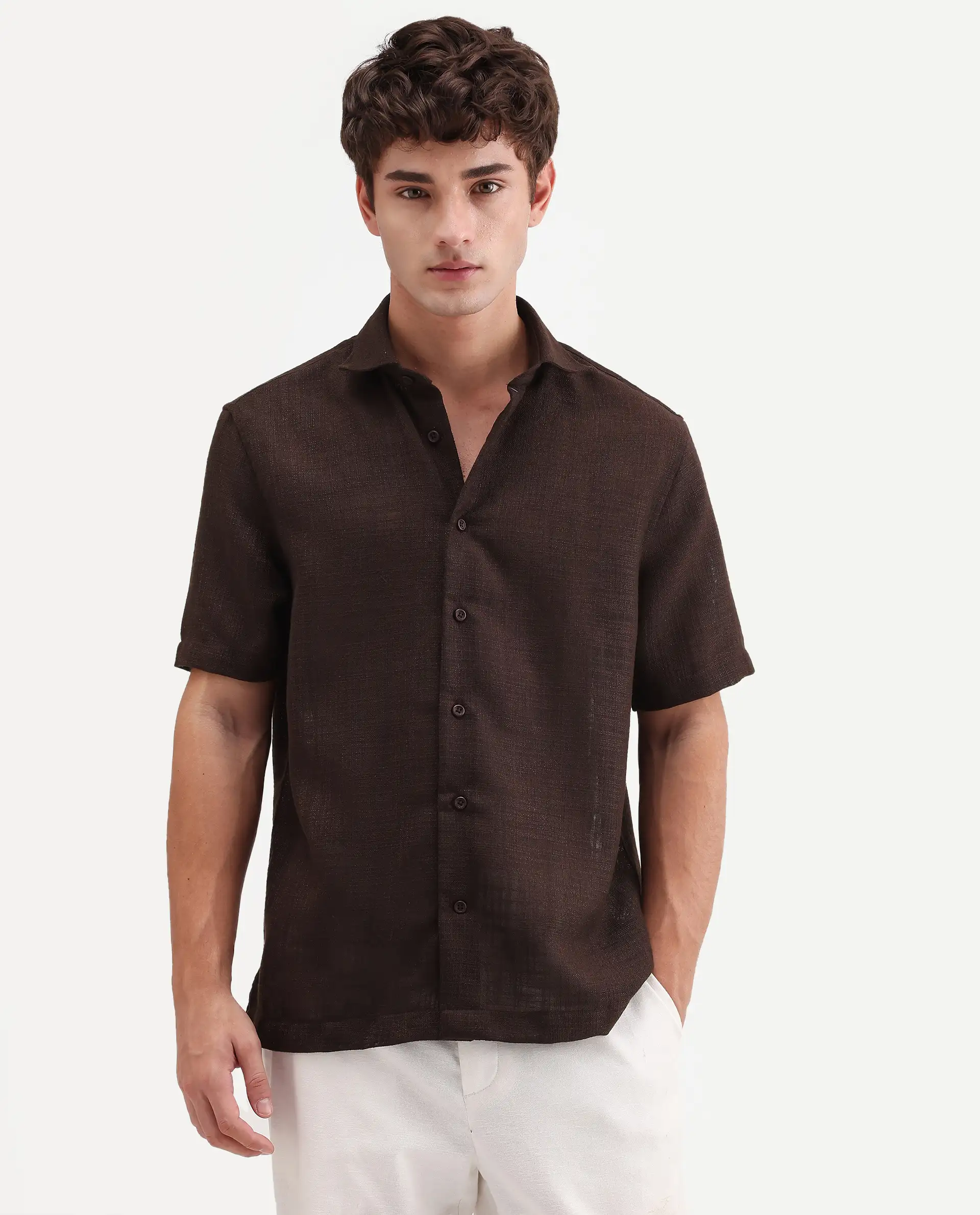 Rare Rabbit Men's Tilo Dark Brown Polyester Fabric Half Sleeve Spread Collar Regular Fit Textured Shirt - Image 4