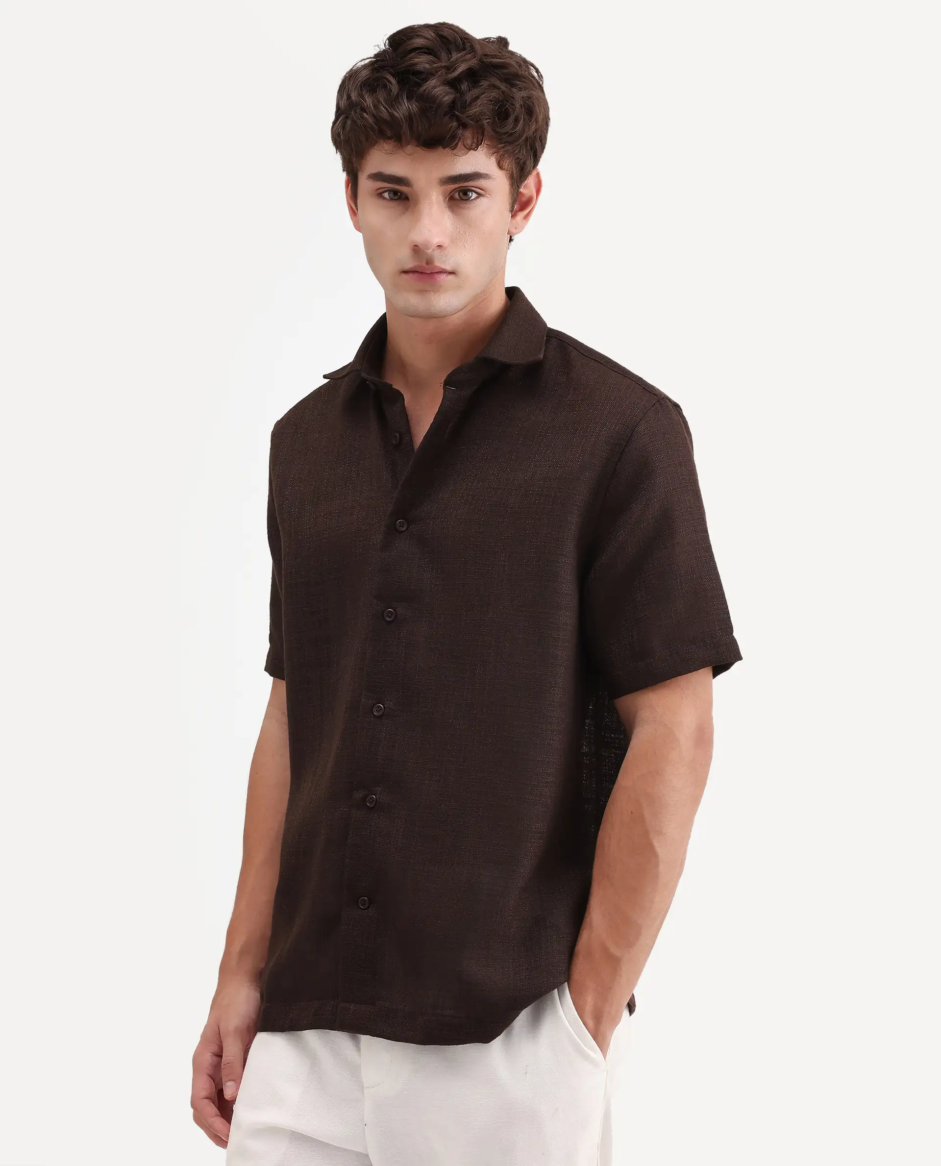 Rare Rabbit Men's Tilo Dark Brown Polyester Fabric Half Sleeve Spread Collar Regular Fit Textured Shirt - Image 5