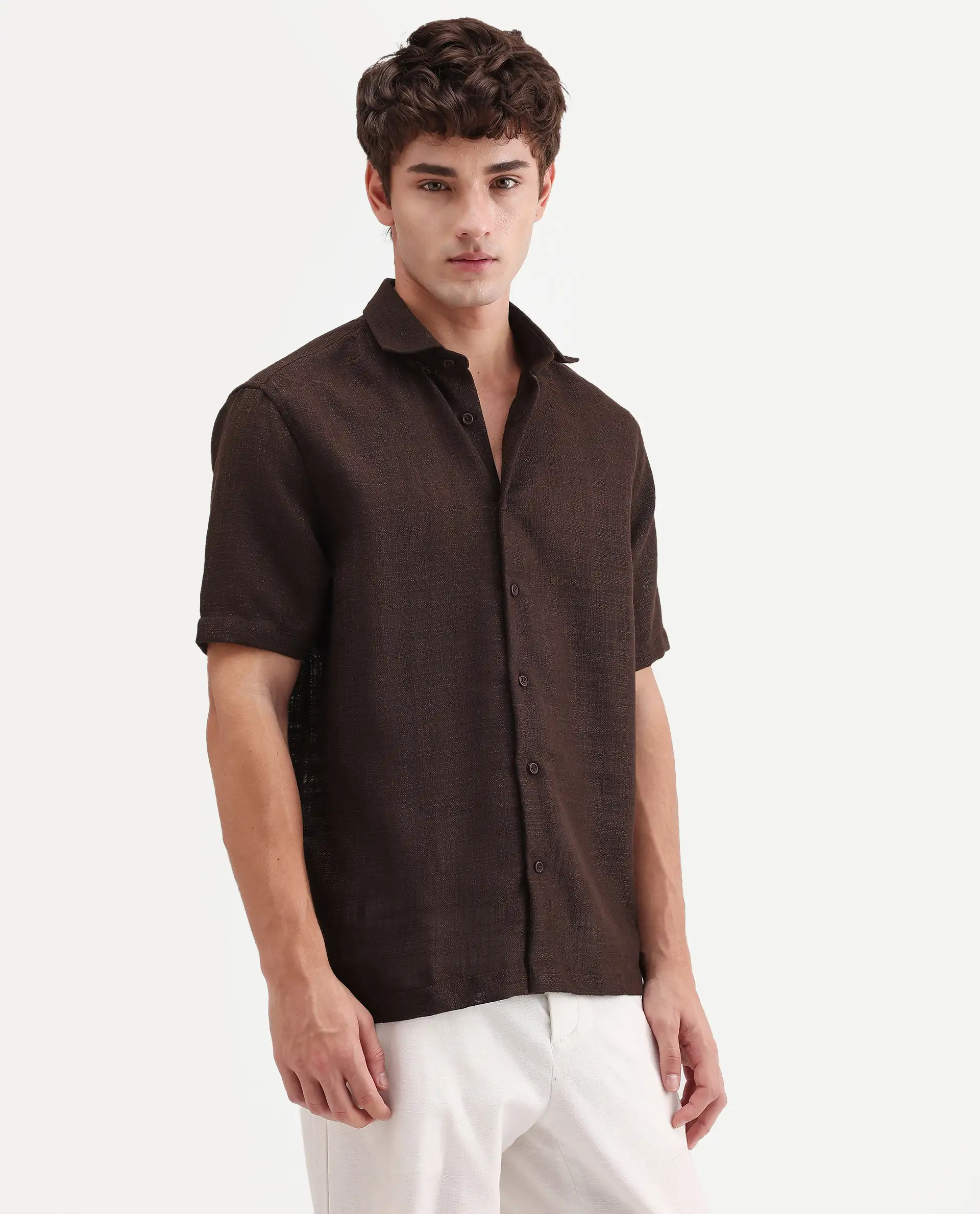 Rare Rabbit Men's Tilo Dark Brown Polyester Fabric Half Sleeve Spread Collar Regular Fit Textured Shirt - Image 6