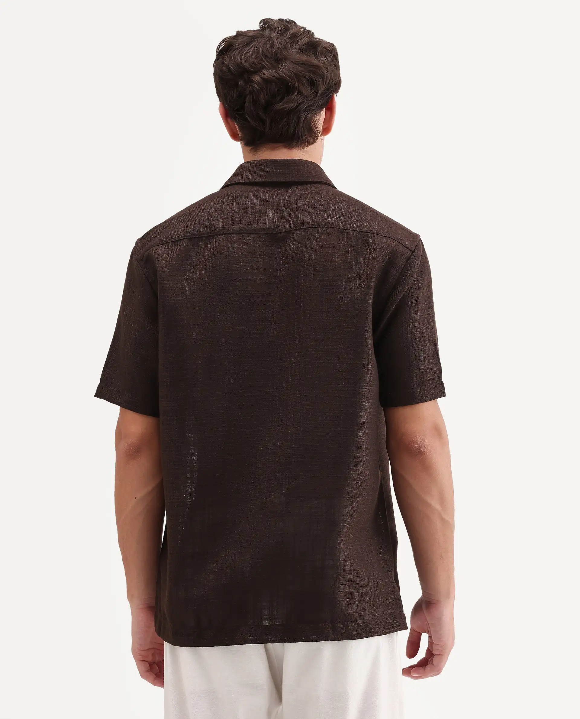 Rare Rabbit Men's Tilo Dark Brown Polyester Fabric Half Sleeve Spread Collar Regular Fit Textured Shirt - Image 7