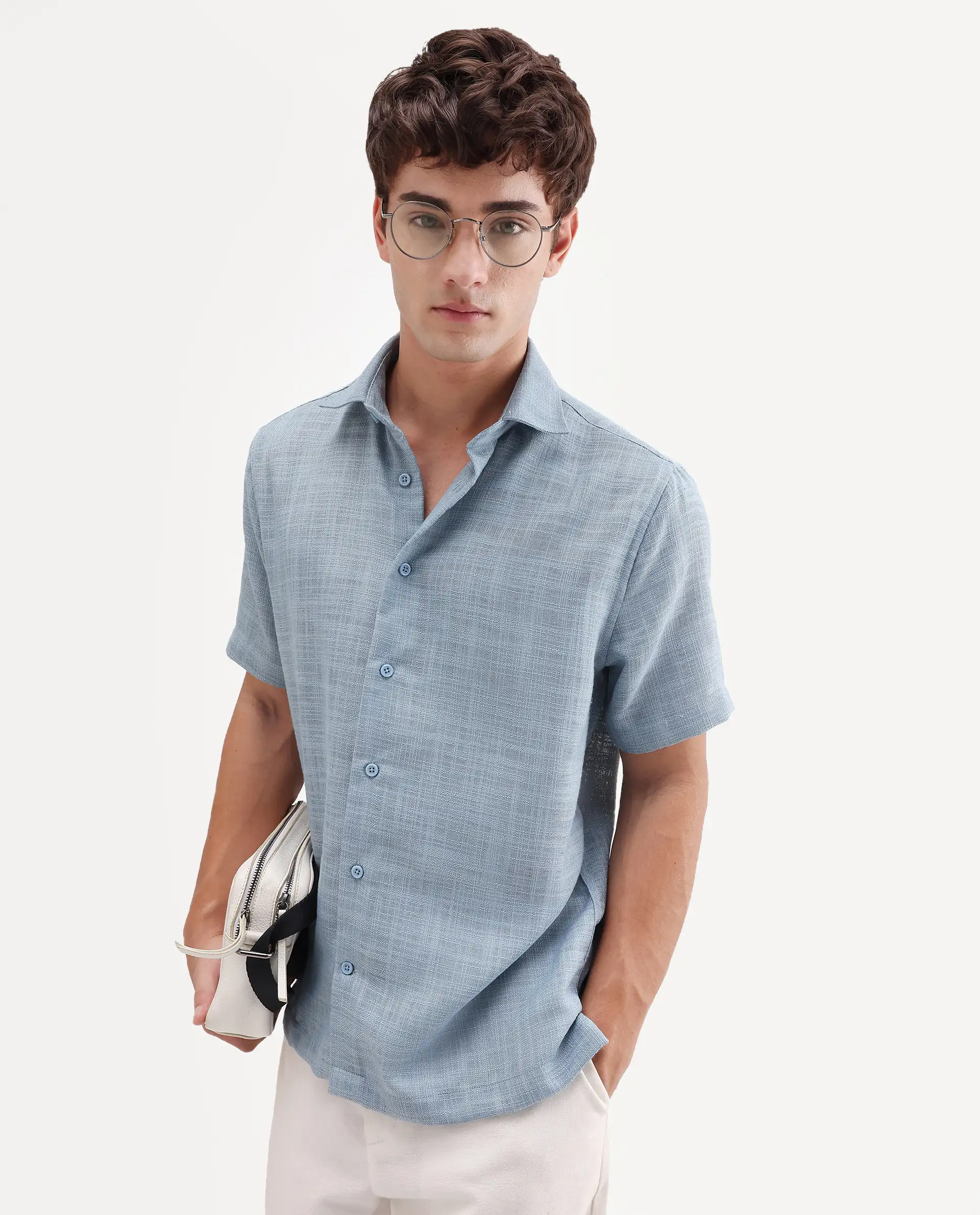 Rare Rabbit Men's Tilo Dusky Blue Polyester Fabric Half Sleeve Spread Collar Regular Fit Textured Shirt