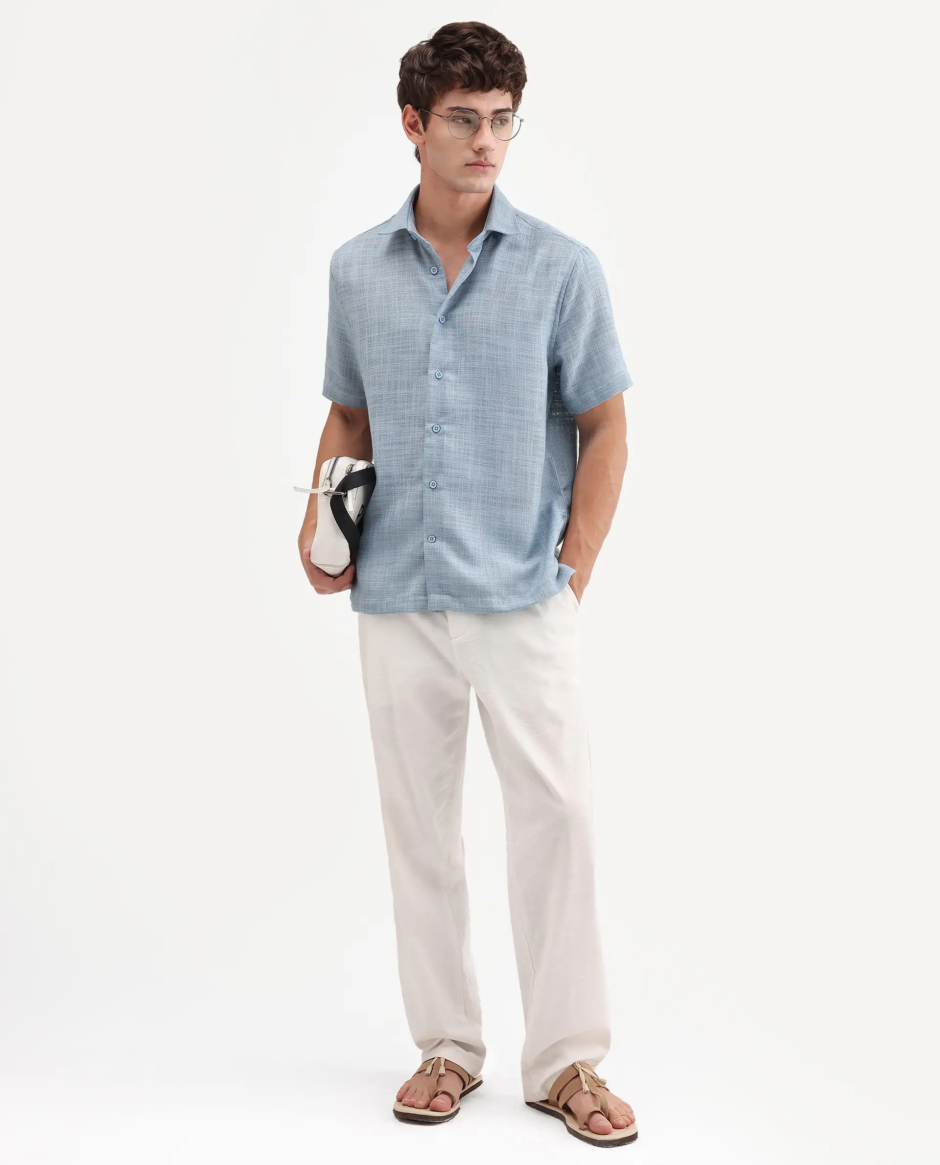 Rare Rabbit Men's Tilo Dusky Blue Polyester Fabric Half Sleeve Spread Collar Regular Fit Textured Shirt - Image 2