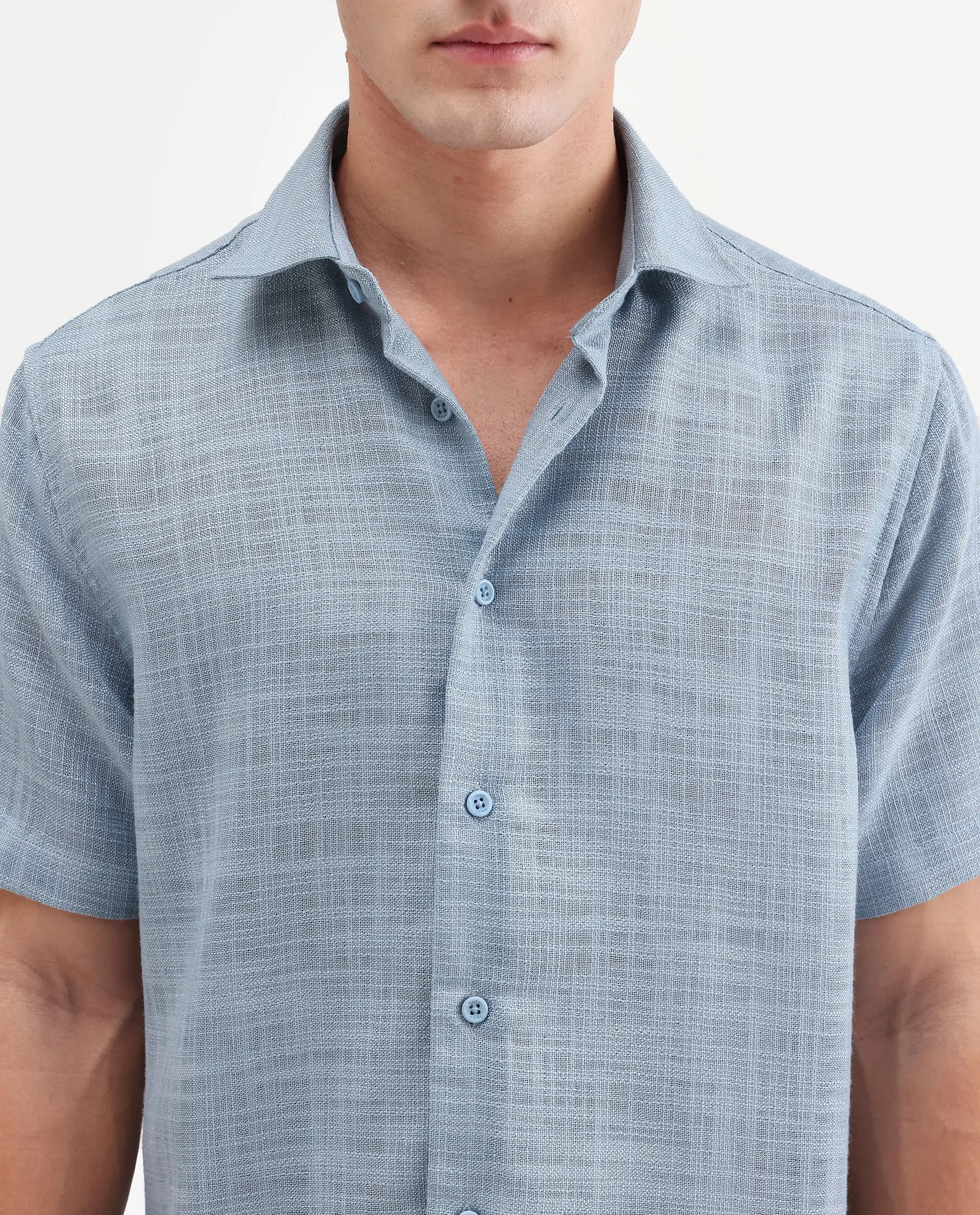 Rare Rabbit Men's Tilo Dusky Blue Polyester Fabric Half Sleeve Spread Collar Regular Fit Textured Shirt - Image 3