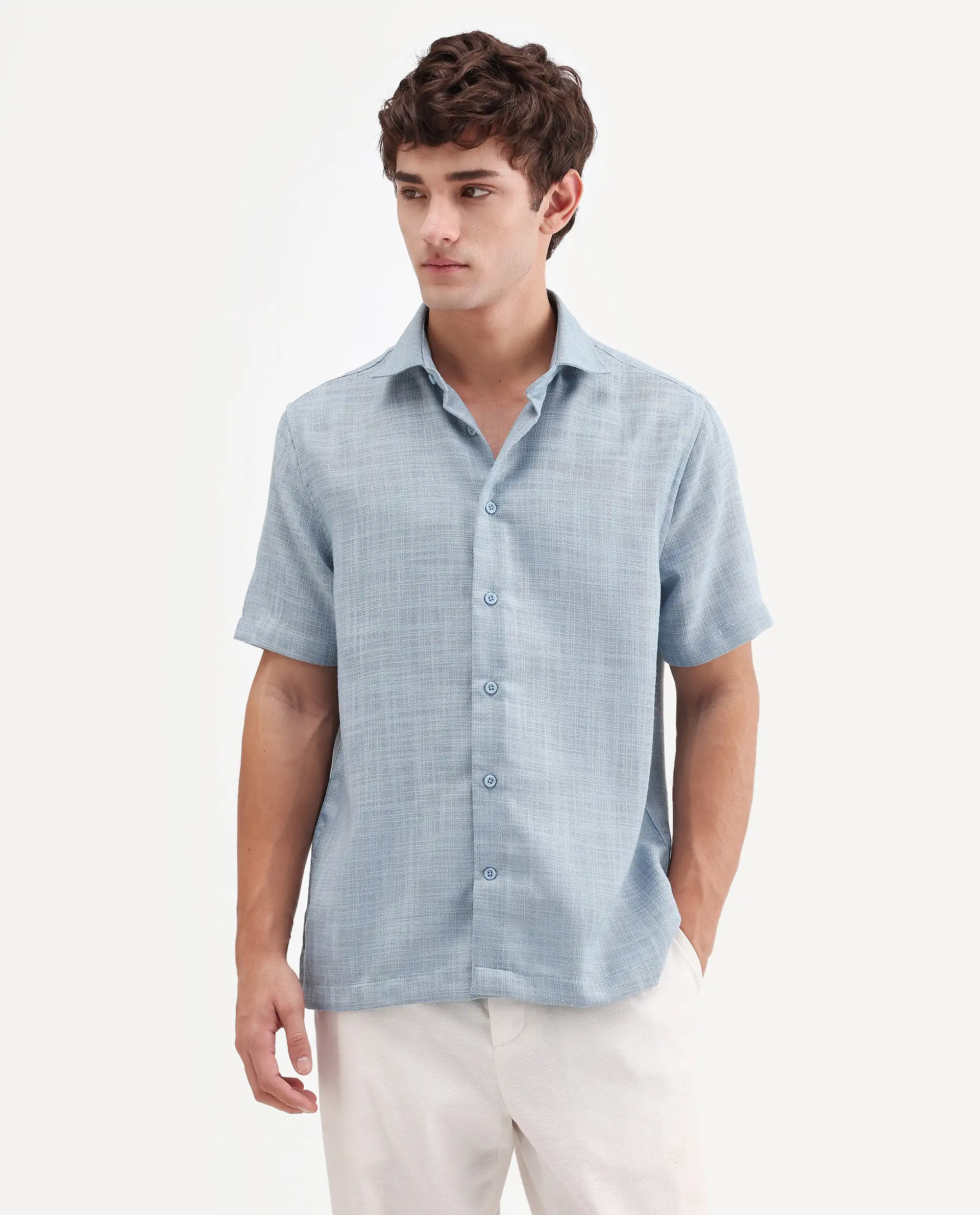 Rare Rabbit Men's Tilo Dusky Blue Polyester Fabric Half Sleeve Spread Collar Regular Fit Textured Shirt - Image 4