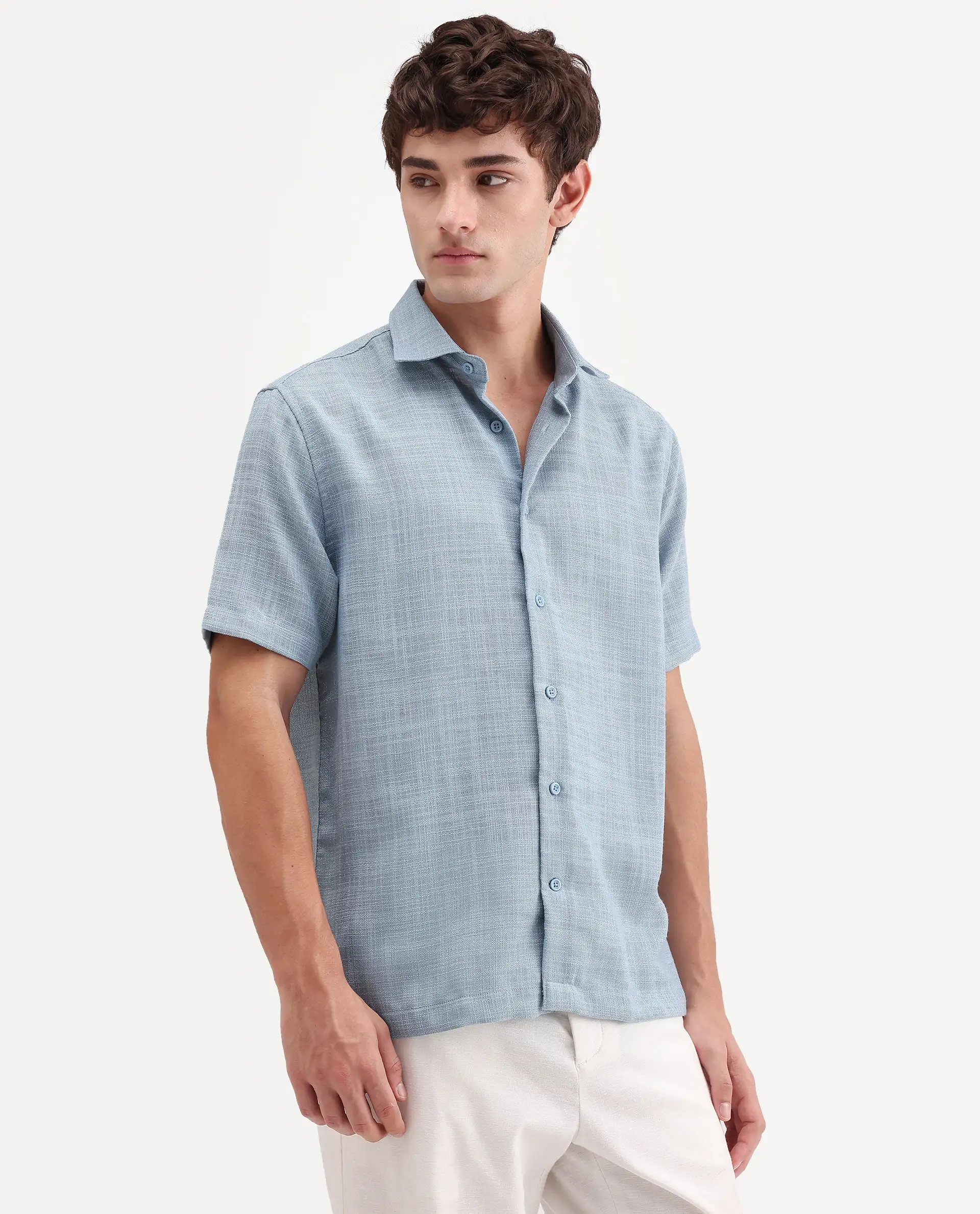 Rare Rabbit Men's Tilo Dusky Blue Polyester Fabric Half Sleeve Spread Collar Regular Fit Textured Shirt - Image 5