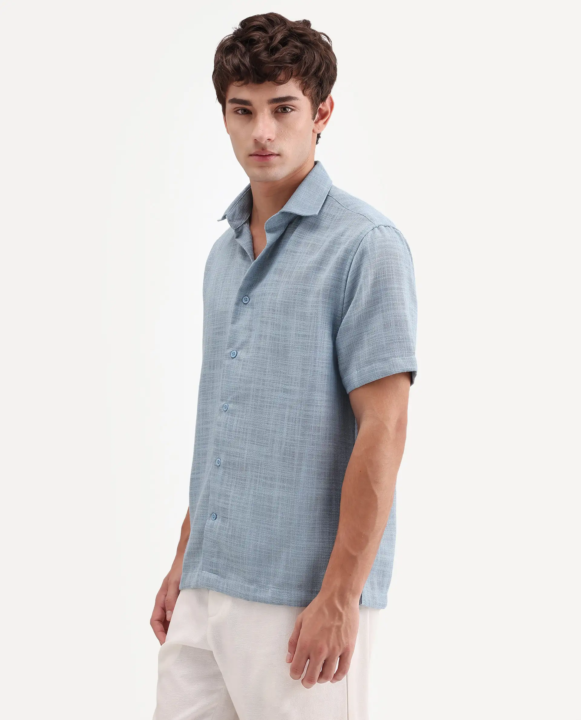 Rare Rabbit Men's Tilo Dusky Blue Polyester Fabric Half Sleeve Spread Collar Regular Fit Textured Shirt - Image 6