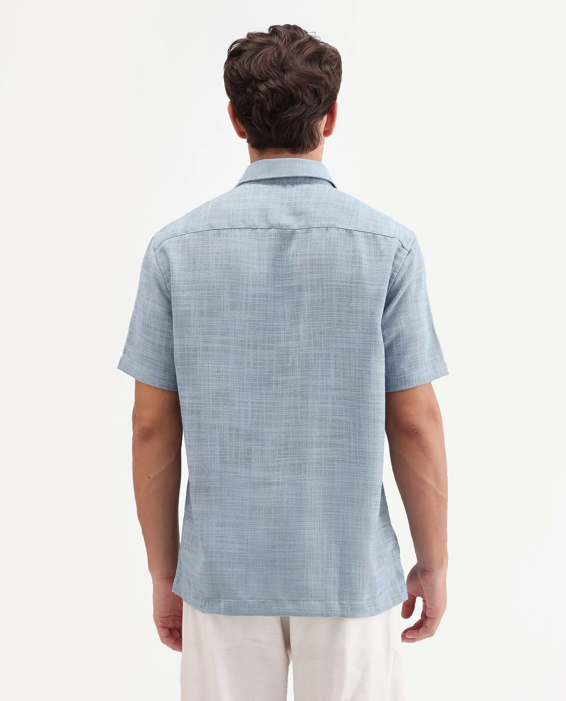 Rare Rabbit Men's Tilo Dusky Blue Polyester Fabric Half Sleeve Spread Collar Regular Fit Textured Shirt - Image 7