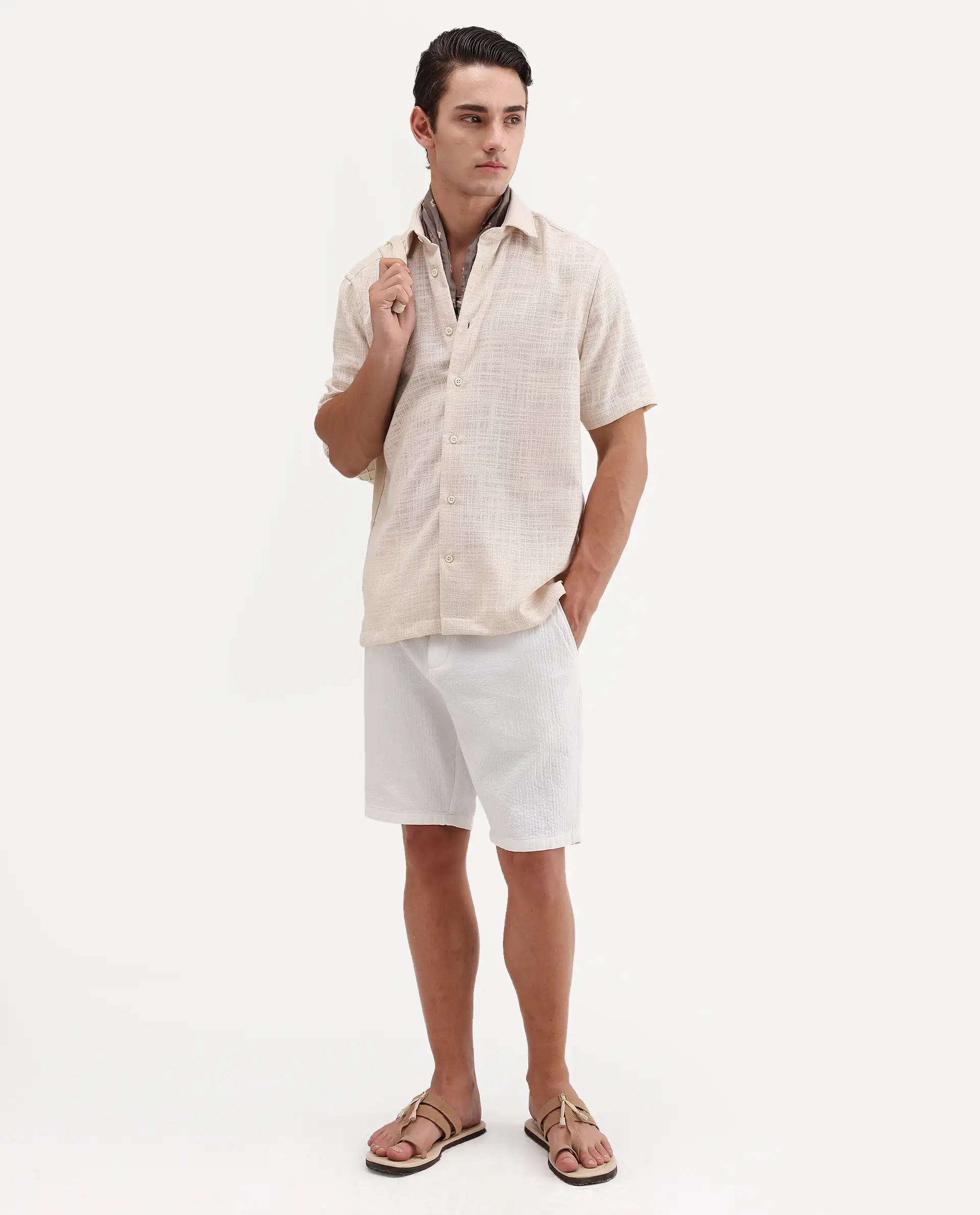 Rare Rabbit Men's Tilo Light Beige Polyester Fabric Half Sleeve Spread Collar Regular Fit Textured Shirt - Image 2