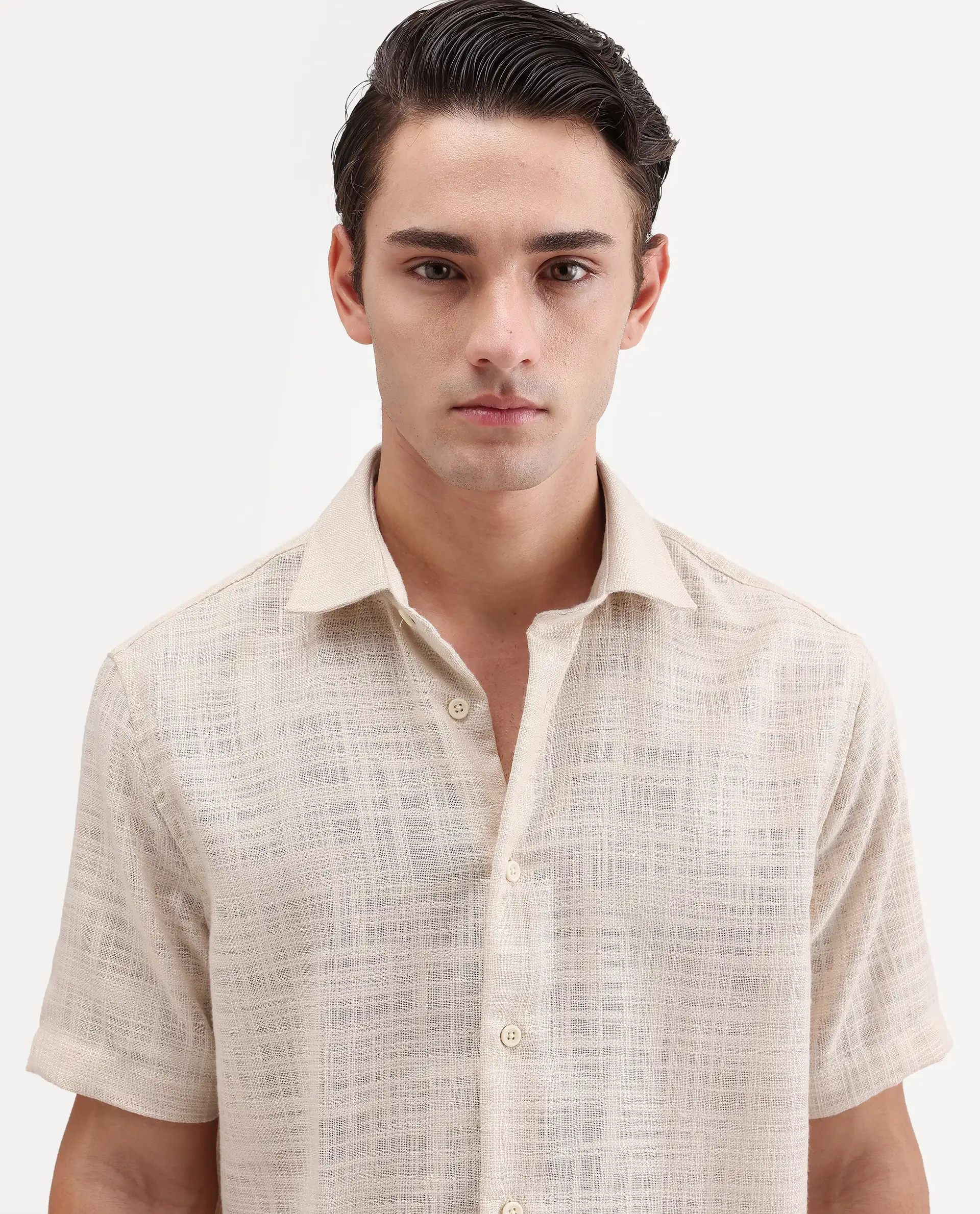 Rare Rabbit Men's Tilo Light Beige Polyester Fabric Half Sleeve Spread Collar Regular Fit Textured Shirt - Image 3