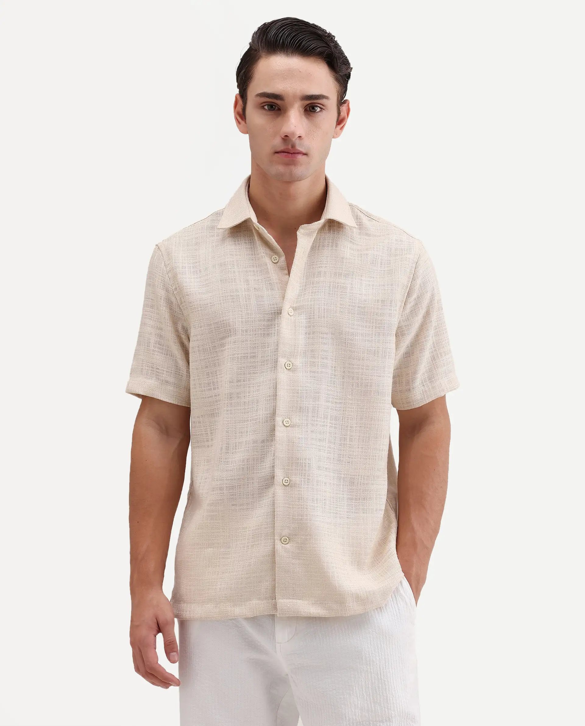 Rare Rabbit Men's Tilo Light Beige Polyester Fabric Half Sleeve Spread Collar Regular Fit Textured Shirt - Image 4
