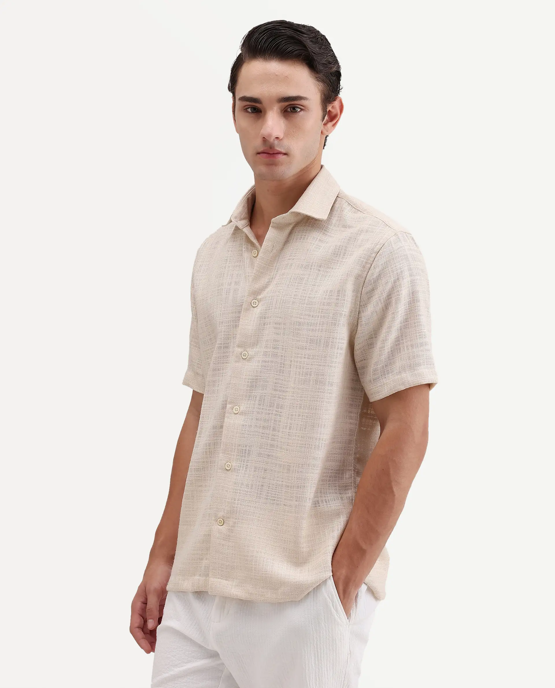 Rare Rabbit Men's Tilo Light Beige Polyester Fabric Half Sleeve Spread Collar Regular Fit Textured Shirt - Image 5