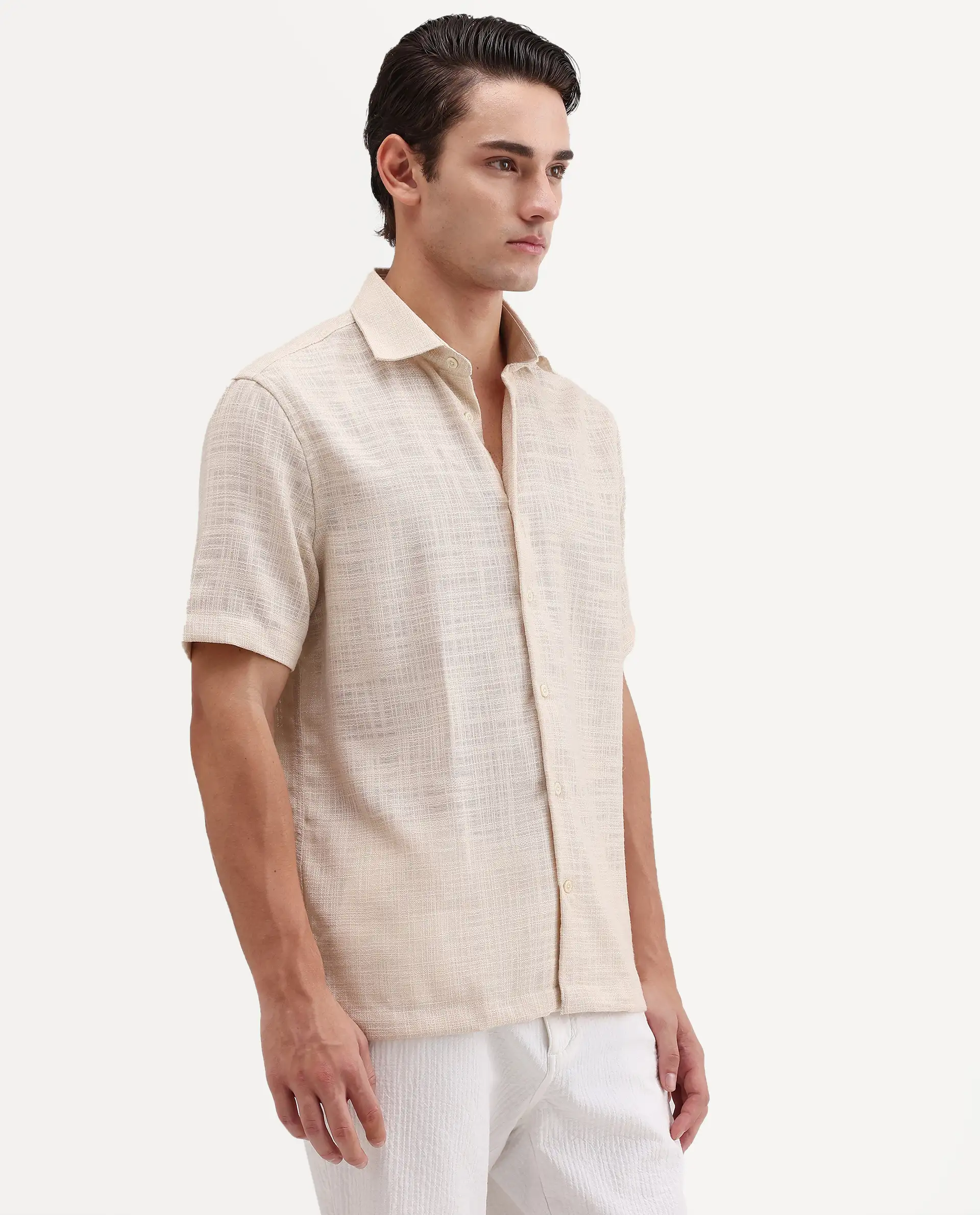 Rare Rabbit Men's Tilo Light Beige Polyester Fabric Half Sleeve Spread Collar Regular Fit Textured Shirt - Image 6