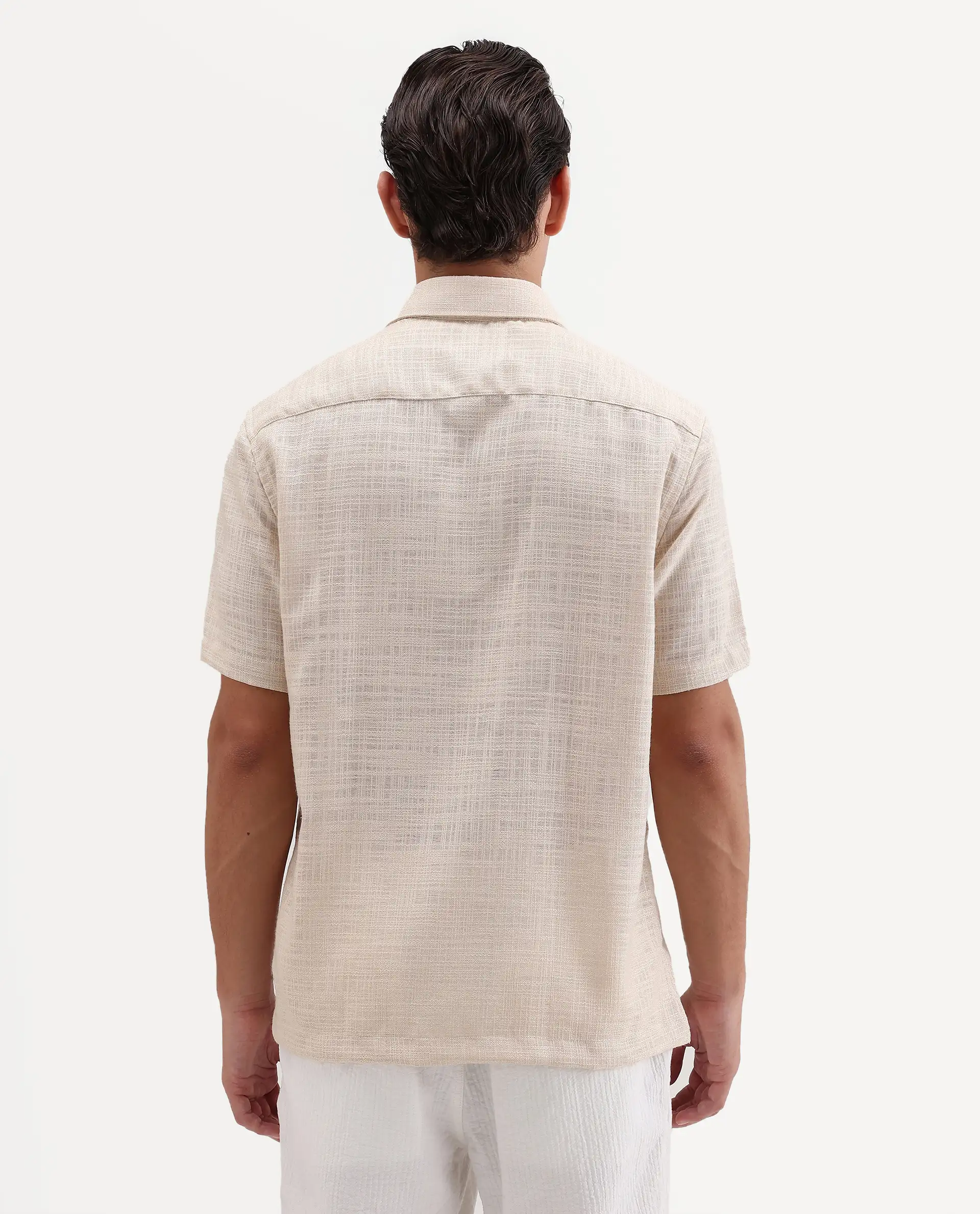 Rare Rabbit Men's Tilo Light Beige Polyester Fabric Half Sleeve Spread Collar Regular Fit Textured Shirt - Image 7