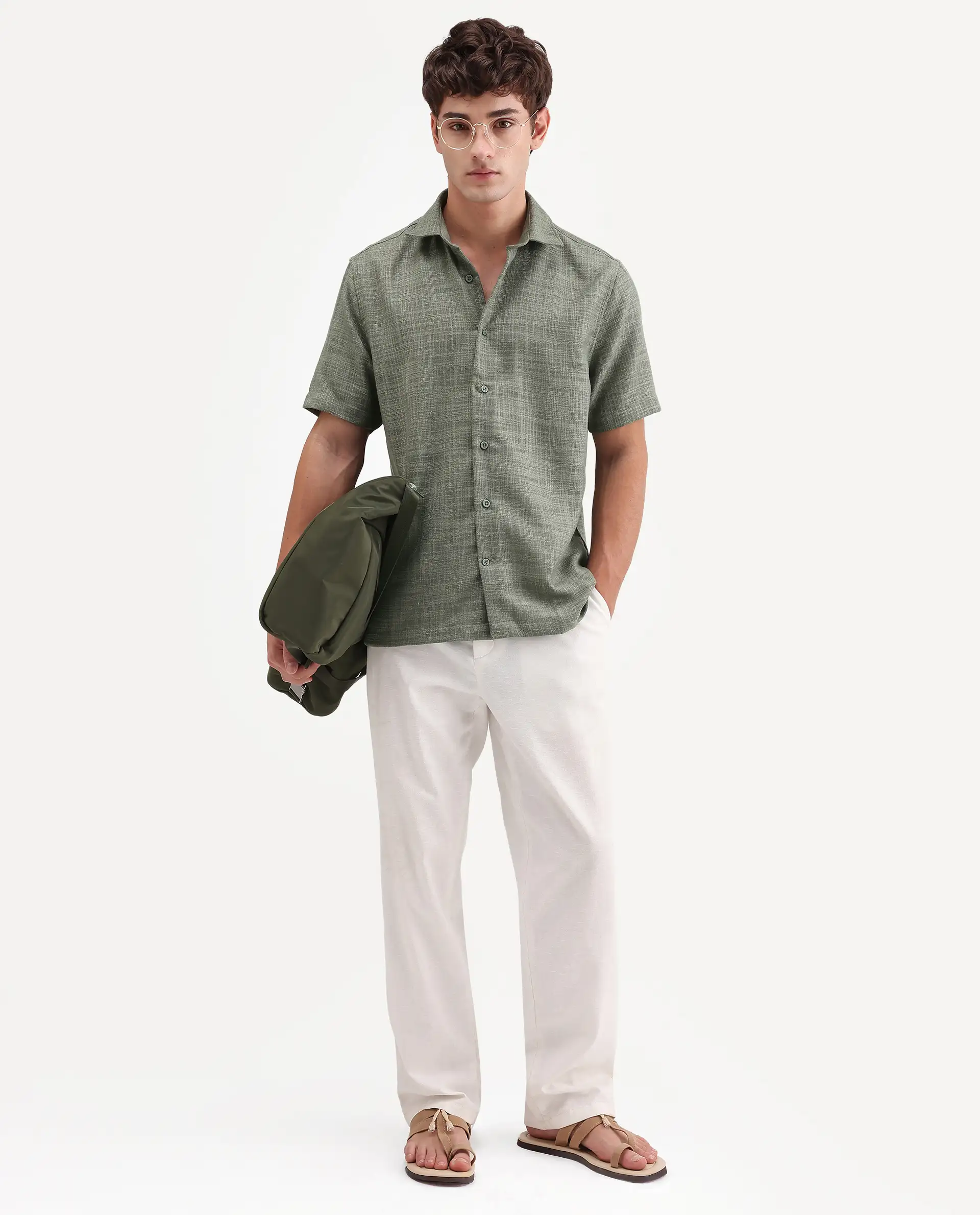 Rare Rabbit Men's Tilo Olive Polyester Fabric Half Sleeve Spread Collar Regular Fit Textured Shirt - Image 2
