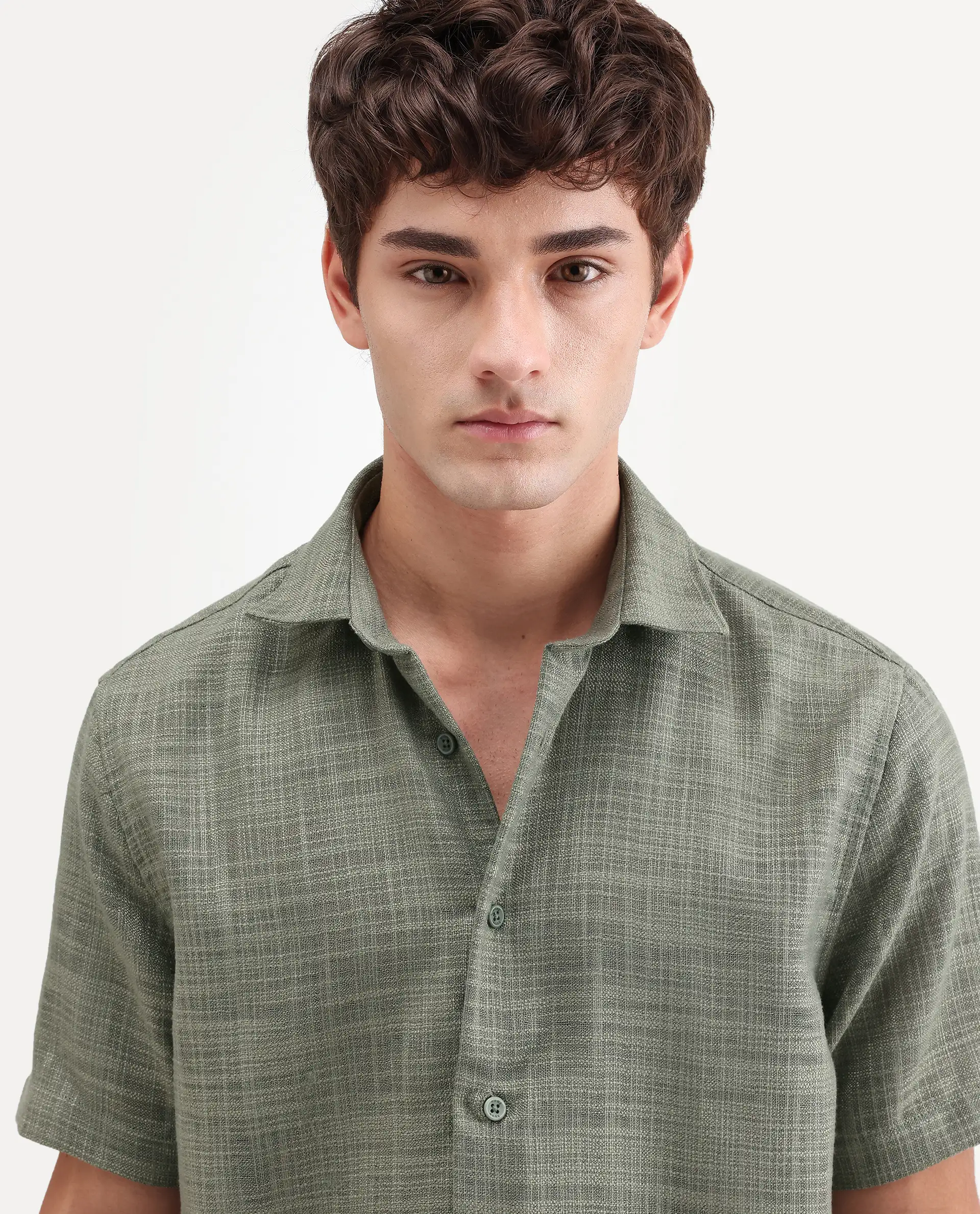 Rare Rabbit Men's Tilo Olive Polyester Fabric Half Sleeve Spread Collar Regular Fit Textured Shirt - Image 3
