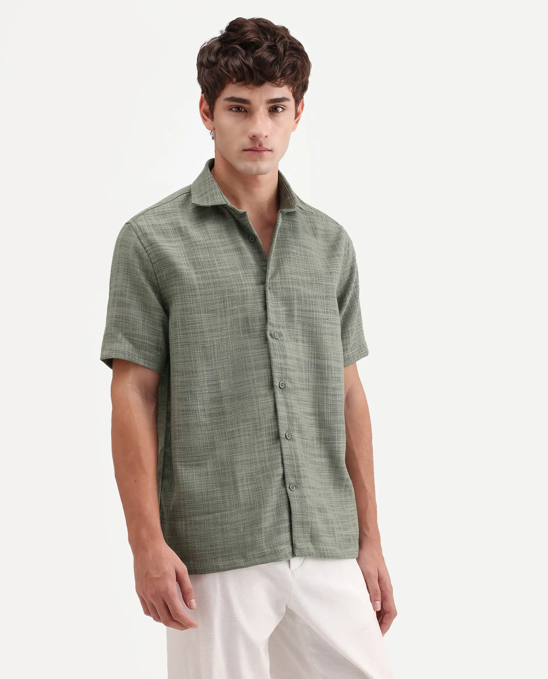 Rare Rabbit Men's Tilo Olive Polyester Fabric Half Sleeve Spread Collar Regular Fit Textured Shirt - Image 4