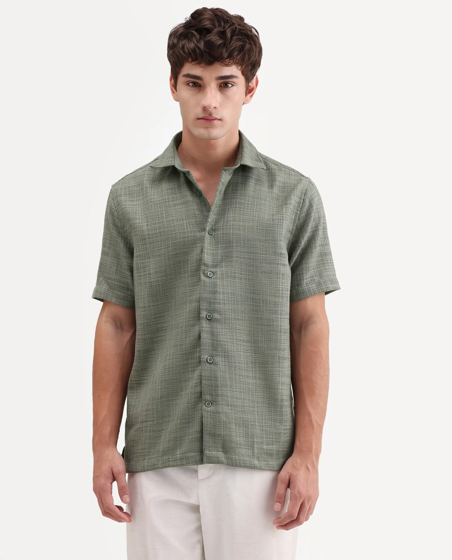 Rare Rabbit Men's Tilo Olive Polyester Fabric Half Sleeve Spread Collar Regular Fit Textured Shirt - Image 5