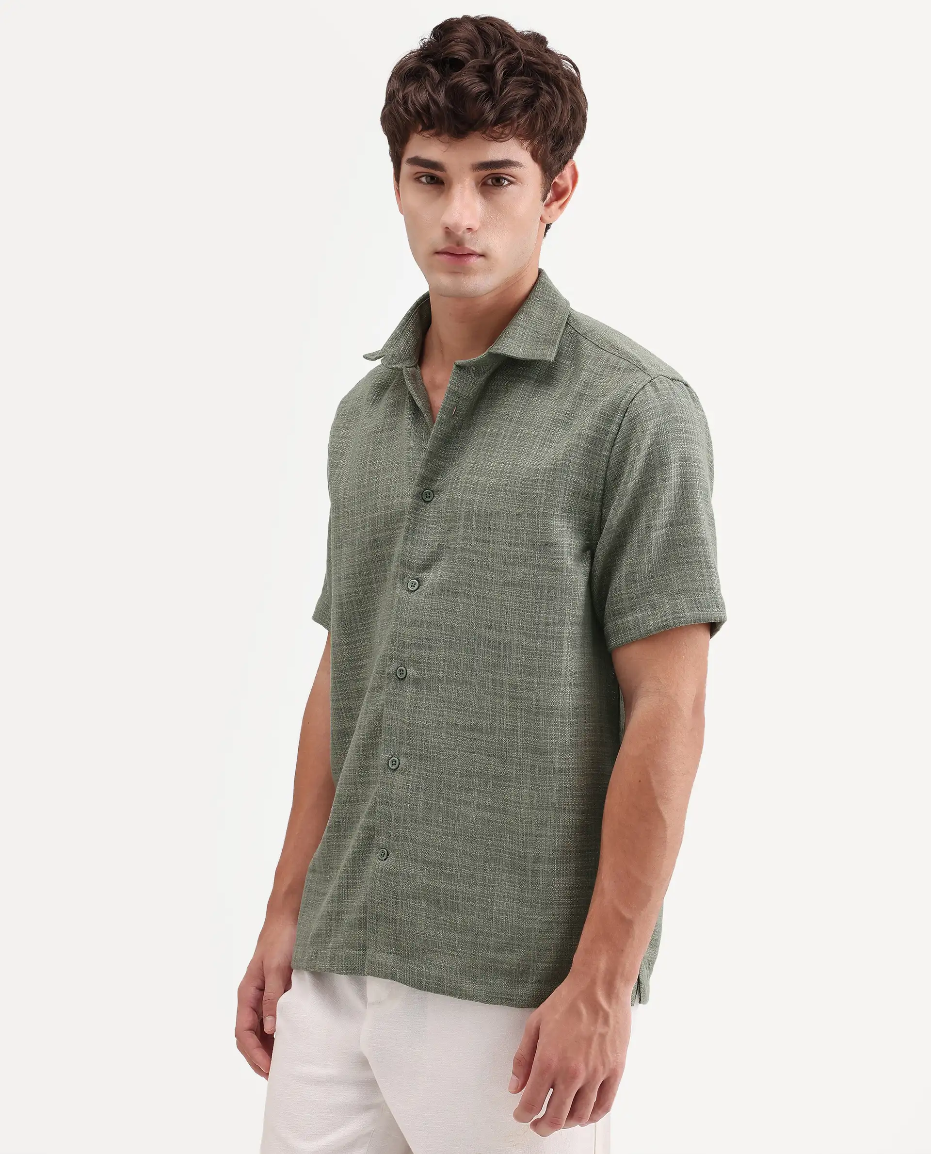 Rare Rabbit Men's Tilo Olive Polyester Fabric Half Sleeve Spread Collar Regular Fit Textured Shirt - Image 6