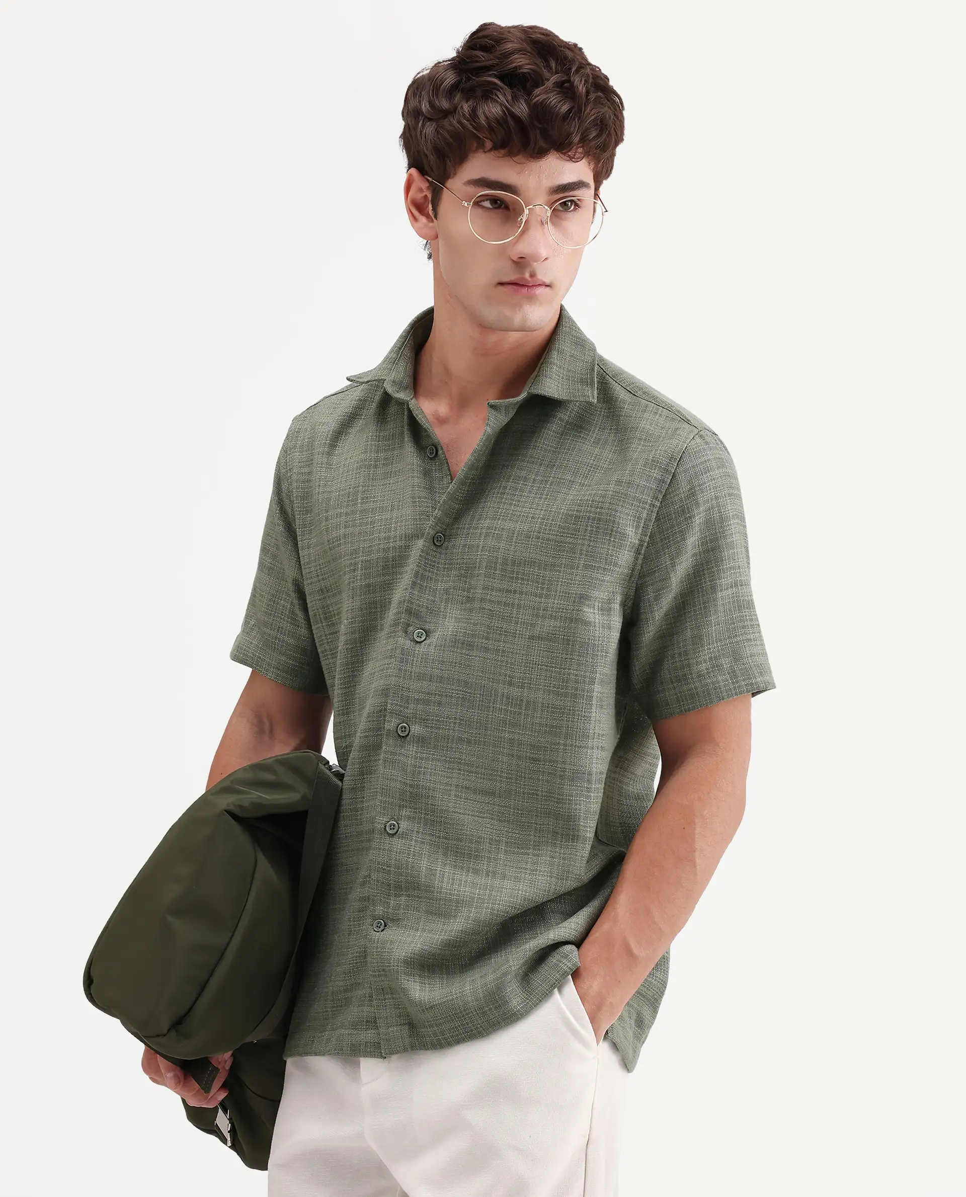 Rare Rabbit Men's Tilo Olive Polyester Fabric Half Sleeve Spread Collar Regular Fit Textured Shirt - Image 7